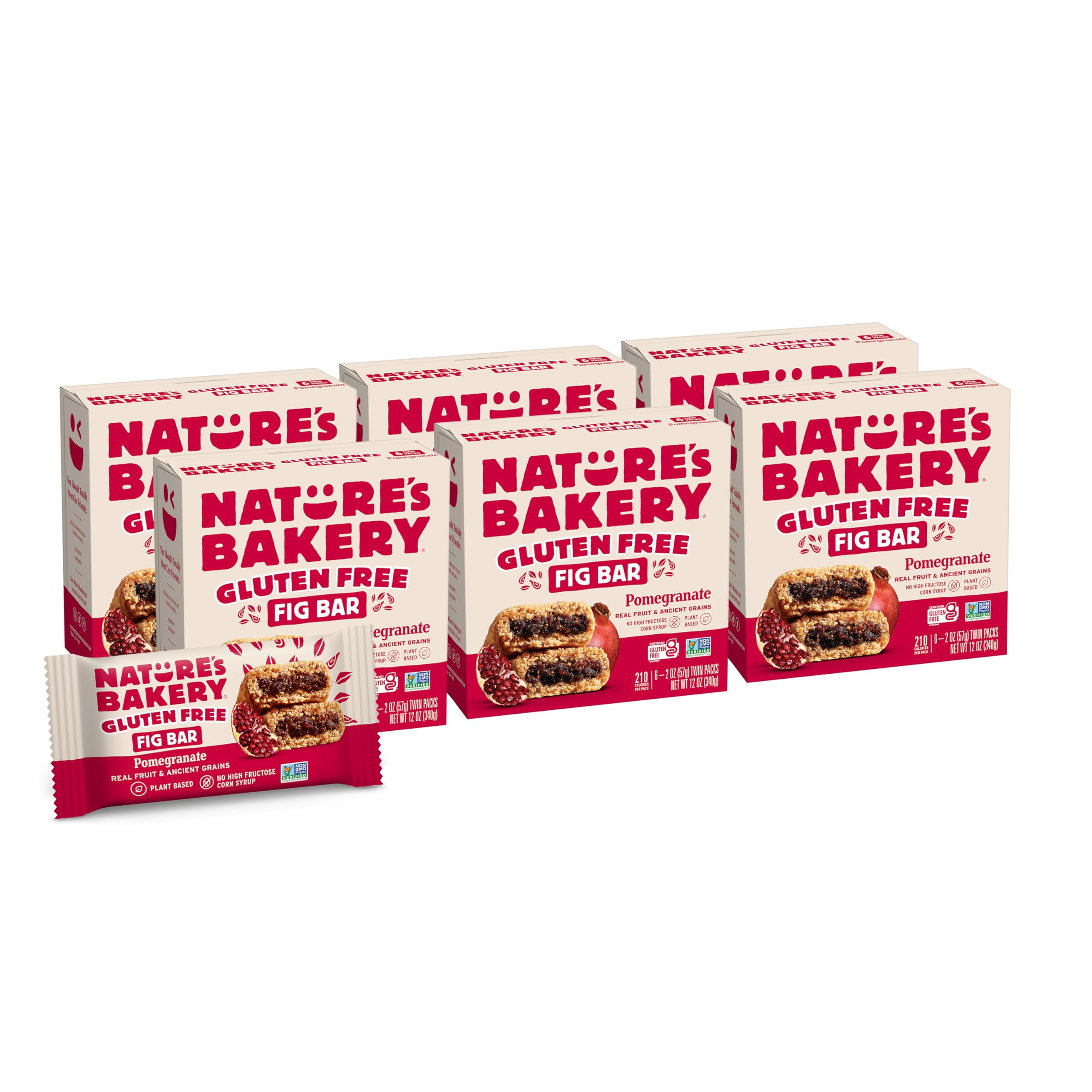 Nature’s Bakery Gluten Free Fig Bars, Pomegranate, Real Fruit, Vegan, Non-GMO, Snack bar, 6 boxes with 6 twin packs (36 twin packs)