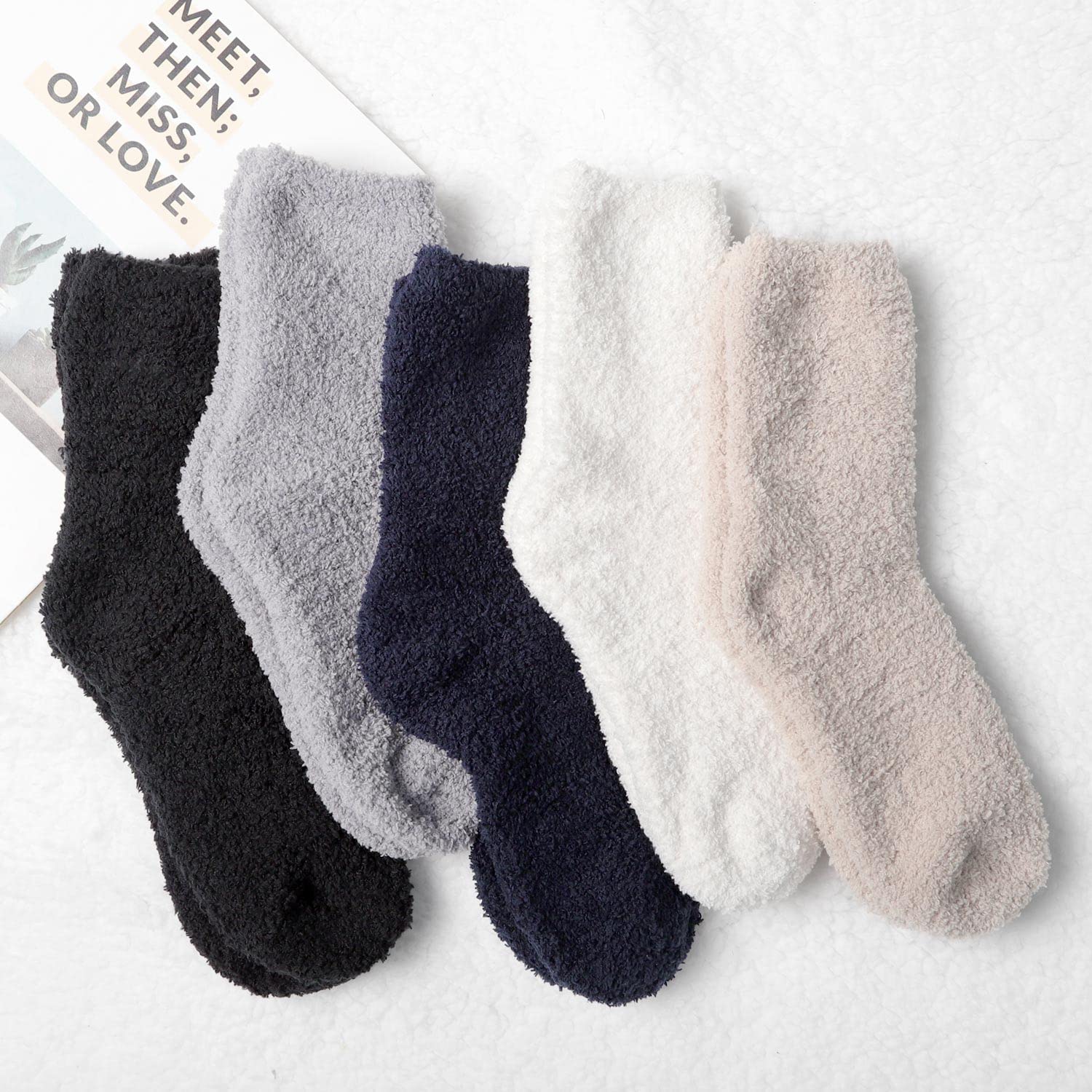 HIALTODAY 5/6 pares de calcetines suaves para mujer, calcetines de cama mullidos de forro polar coral, calcetines gruesos de felpa cálidos, suaves y cómodos en invierno, Mezcla, Talla única