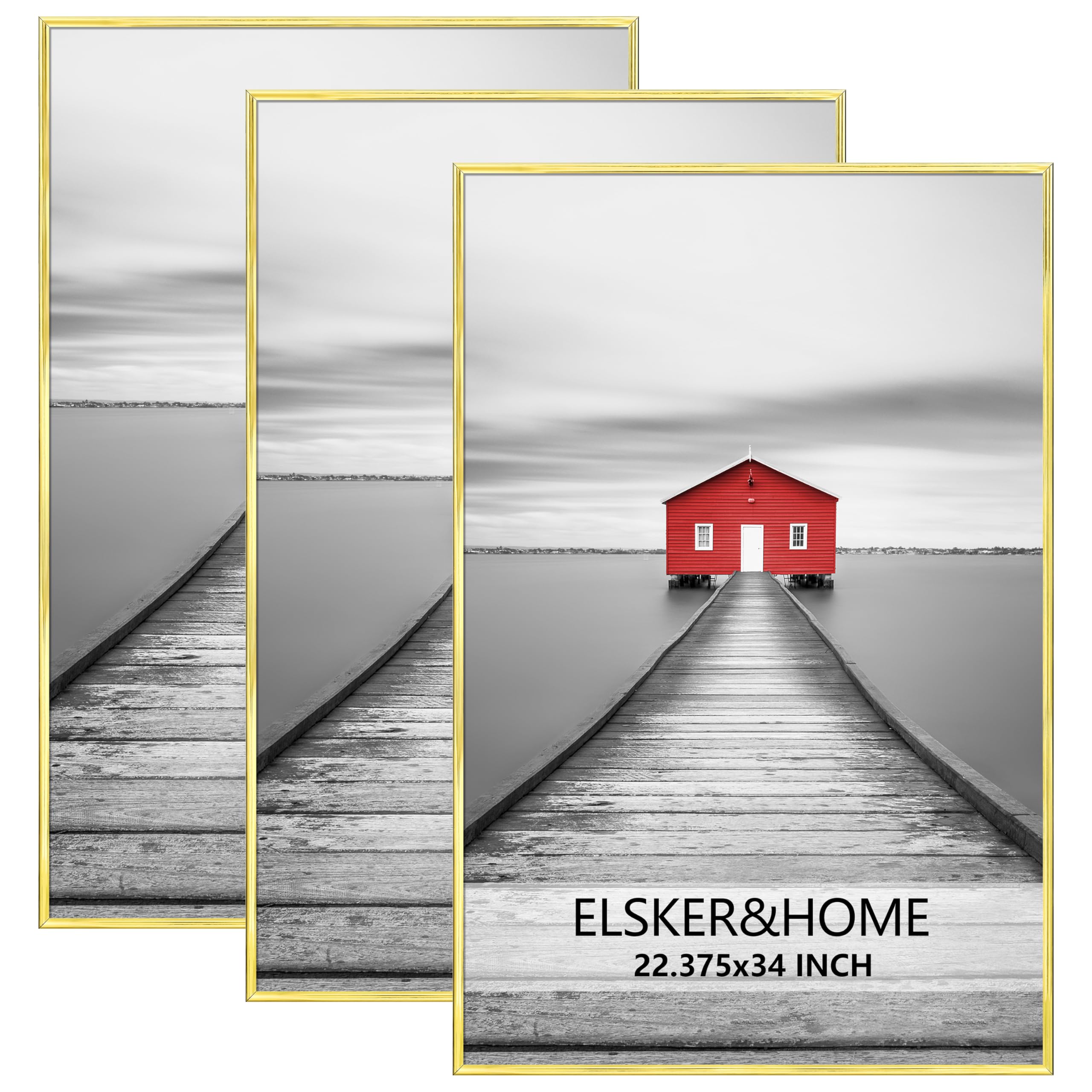 elsker&home 22.375x34 inches poster frame 3 pack, gold picture frame for horizontal or vertical wall mounting, sturdy and scratch-proof