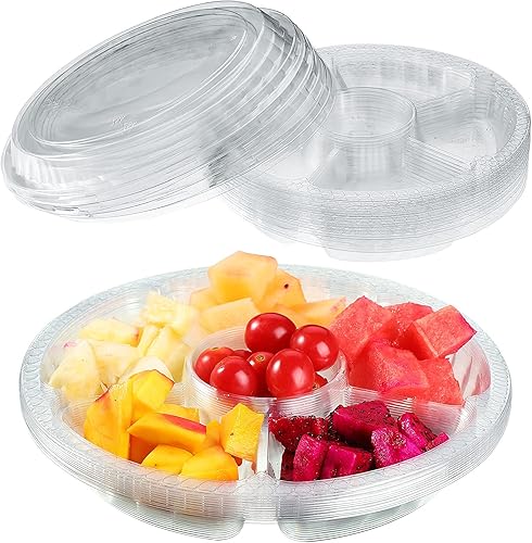 Miniatura 8 de Patelai 10 bandejas de plástico para verduras con tapa, bandejas de frutas, bandejas redondas desechables para servir aperitivos con 6