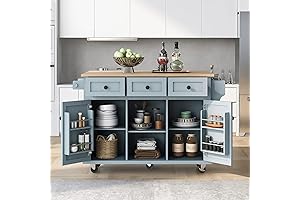 Rolling Kitchen Islands Steel Gray Kitchen Island with Storage and Seating, Kitchen...