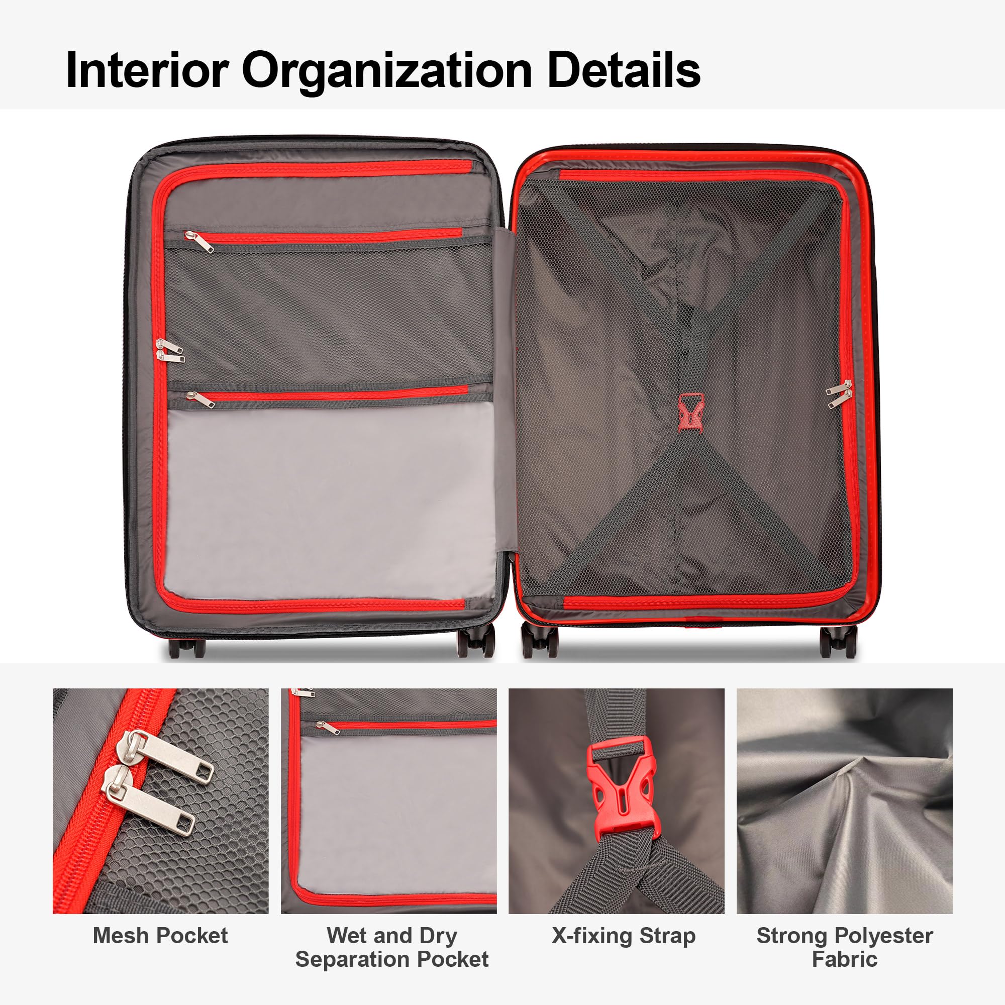 GinzaTravel 3-piece sets luggage with scratch-resistant PP material, expandable(all 20 25 29 Super light, large-capacity double seal suitcase (Red color, Carry-On 20-Inch)