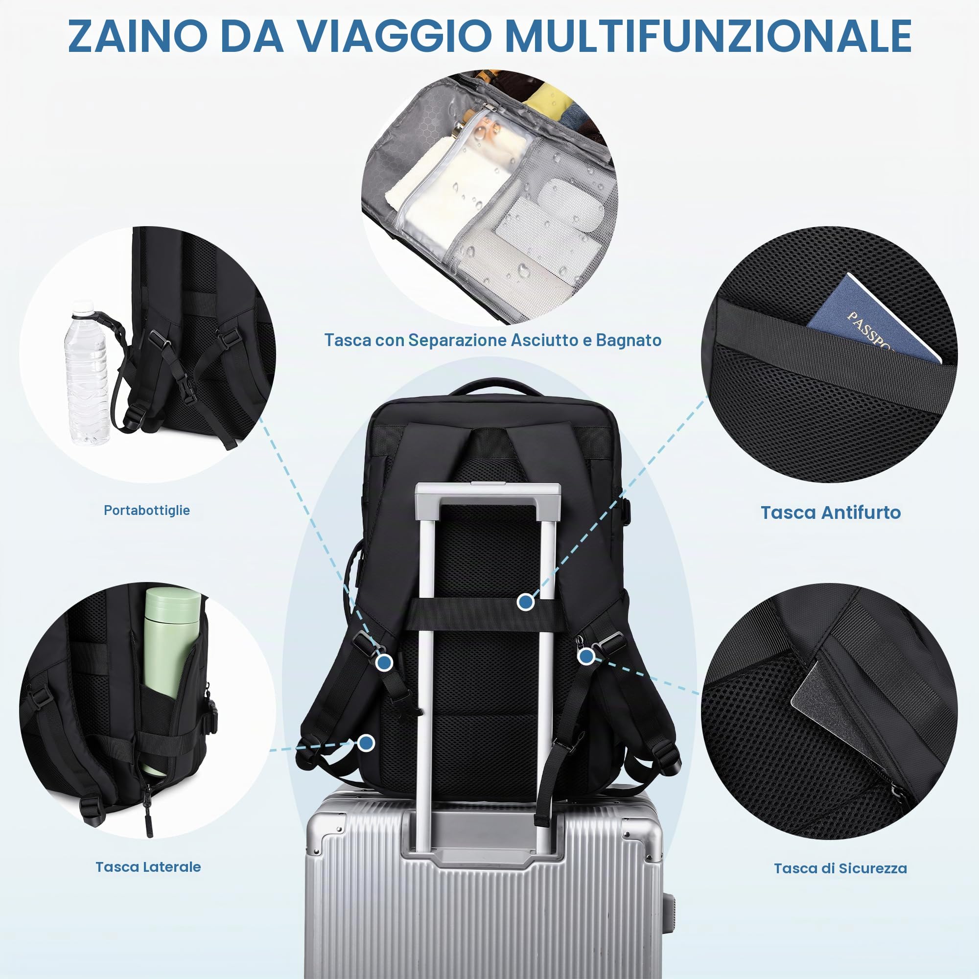 BAGOK Zaino Viaggio Pieghevole Impermeabile, Zaino Uomo di Grande Capacità per Lavoro, Università, Sport, Viaggio, Zaino da Cabina con Tasca Antifurto e Scomparto per Portatile