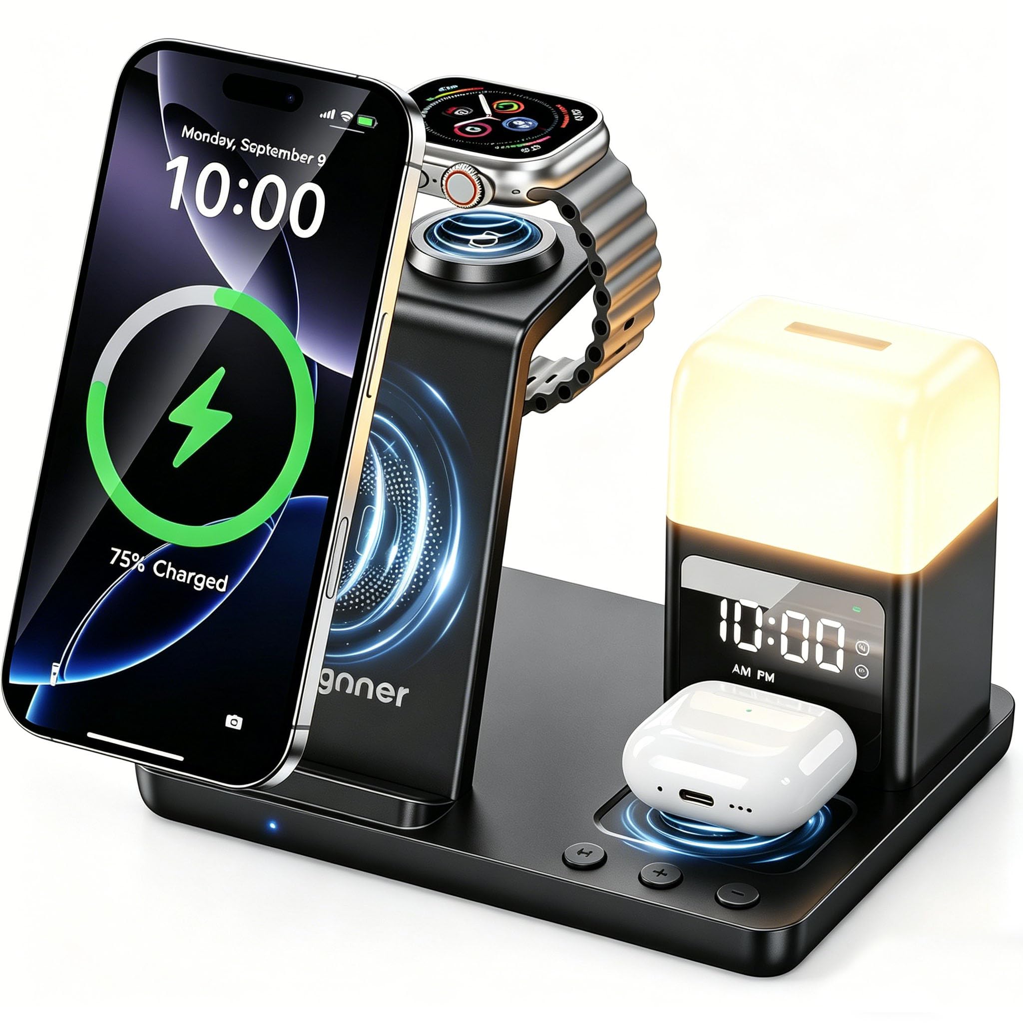 Augnner Induktive Ladestation für iPhone 17/16/15/14/13/12/11 Serie, 6 in 1 Kabelloses Ladegerät mit Nachttischlampe und Wecker, Wireless Charger Kompatibel Apple Watch, AirPods mit Adapter