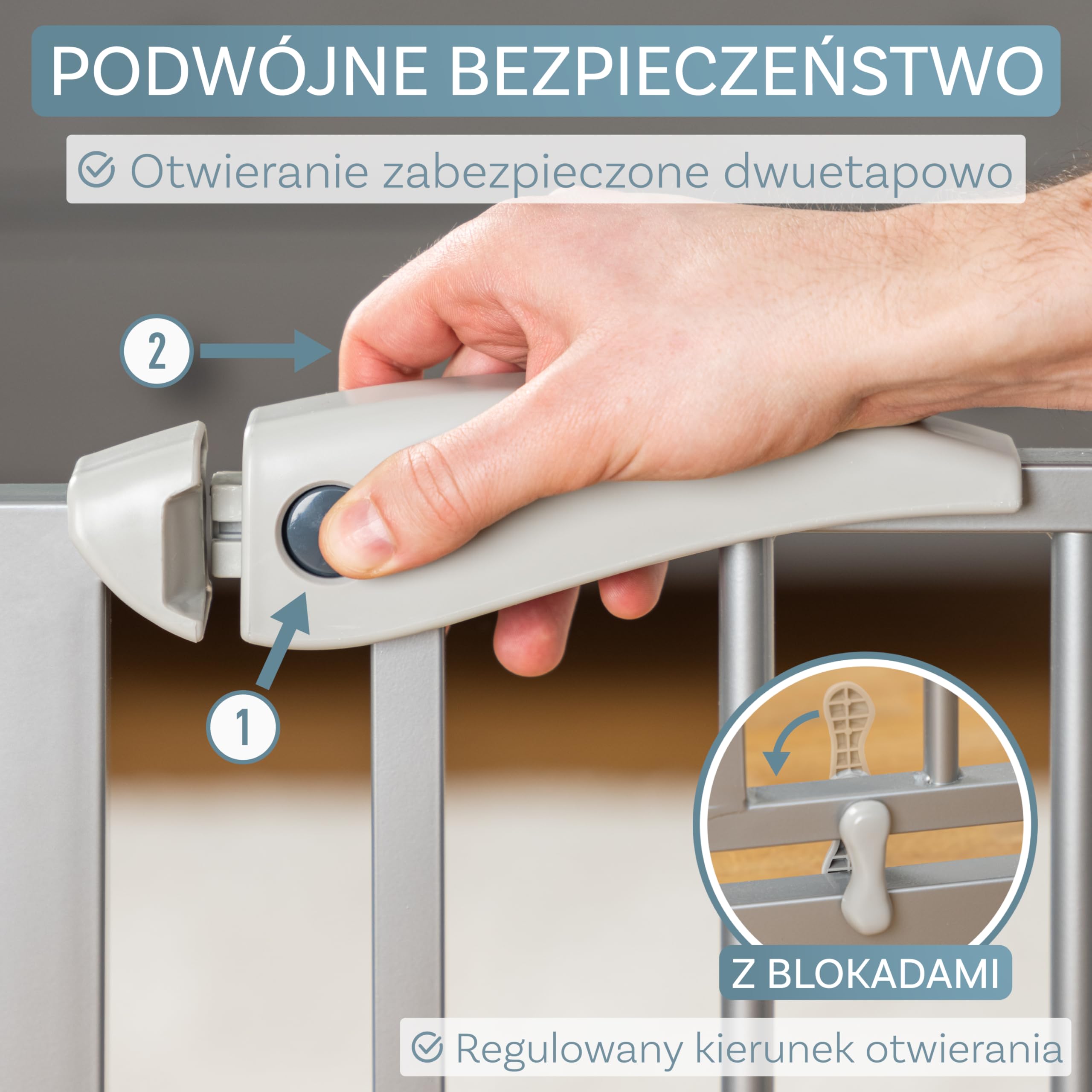 ib style Berrin 75-175 bramka ochronna na drzwi - bramka na schody dla dzieci, samozamykająca się, nie wymaga wiercenia, bezpieczna dla dzieci, 115-125cm, srebrny mat