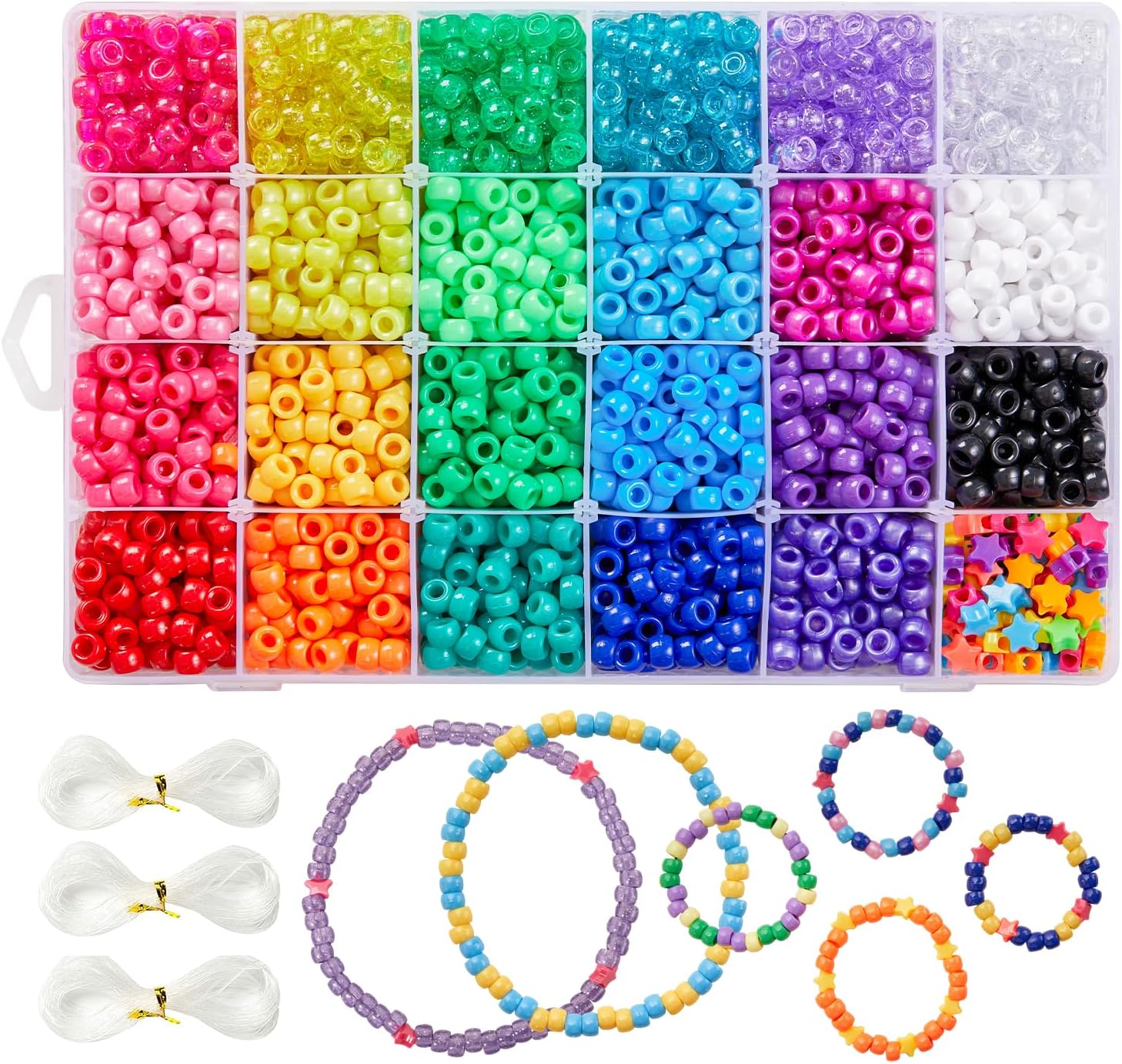 INSCRAFT Pony Beads Set, 3300 Pcs 9mm in 23 Colors with Letter & Star Designs, Elastic String for Bracelet Jewelry Making