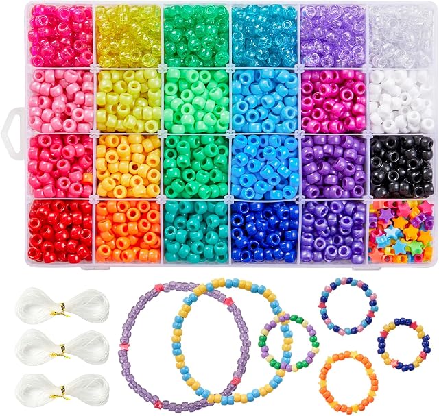 Pony Beads, 3,300 pcs 9mm Pony Beads Set in 23 Colors with Letter Beads, Star Beads and Elastic String for Bracelet Jewelry Making by INSCRAFT