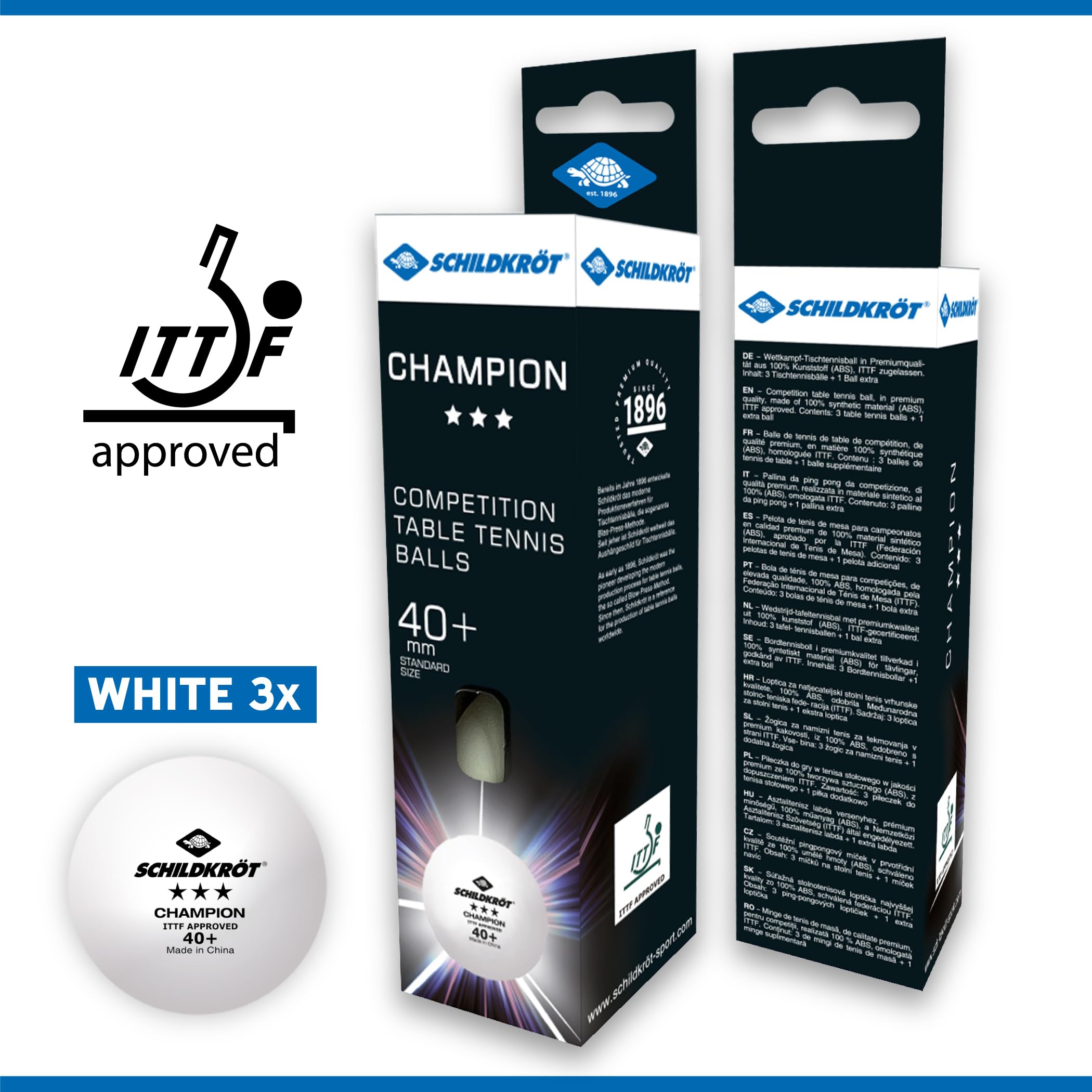 Donic-Schildkröt Pelotas de Tenis de Mesa Champion 3 Estrellas ITTF Poly 40+ 3 Piezas Blanco