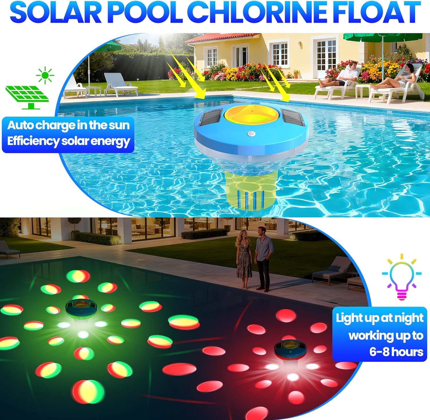 ChlorBlu Solar Chlorine Floater,Chlorine Floater with Colorful Lights,Large Capacity Floating Chlorine Dispenser for Pool,7.6" Pool Chlorine Floater,Button Control Chlorine Floater for Hot Tub(Yellow)
