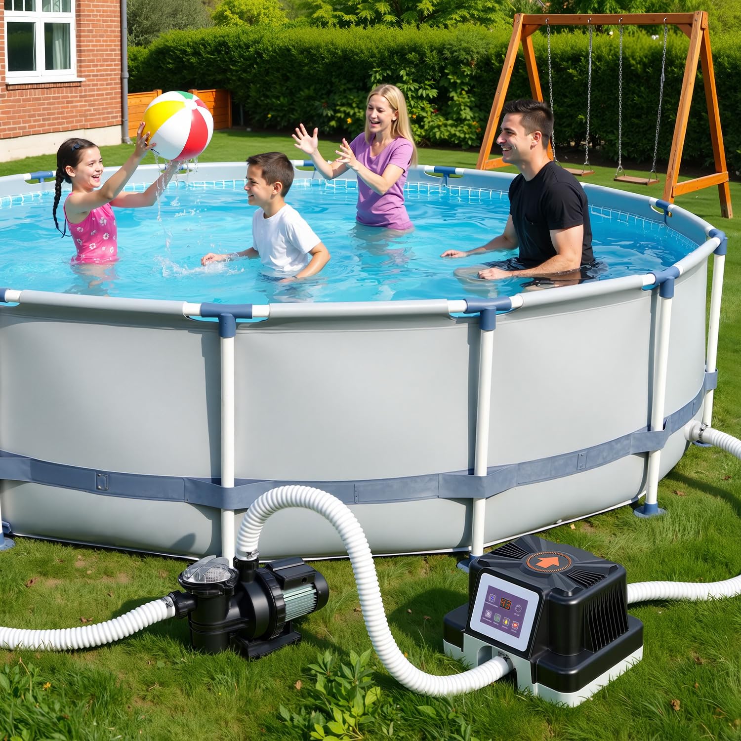 Daromigo Poolheizung Elektrisch 3000W mit Digitalanzeige, Temperaturregelung 37-45°C, Poolheizung für Aufstellpools bis 3 m³, mit FI-Schutz und Kippschutz, für 32/38 mm Schlauch