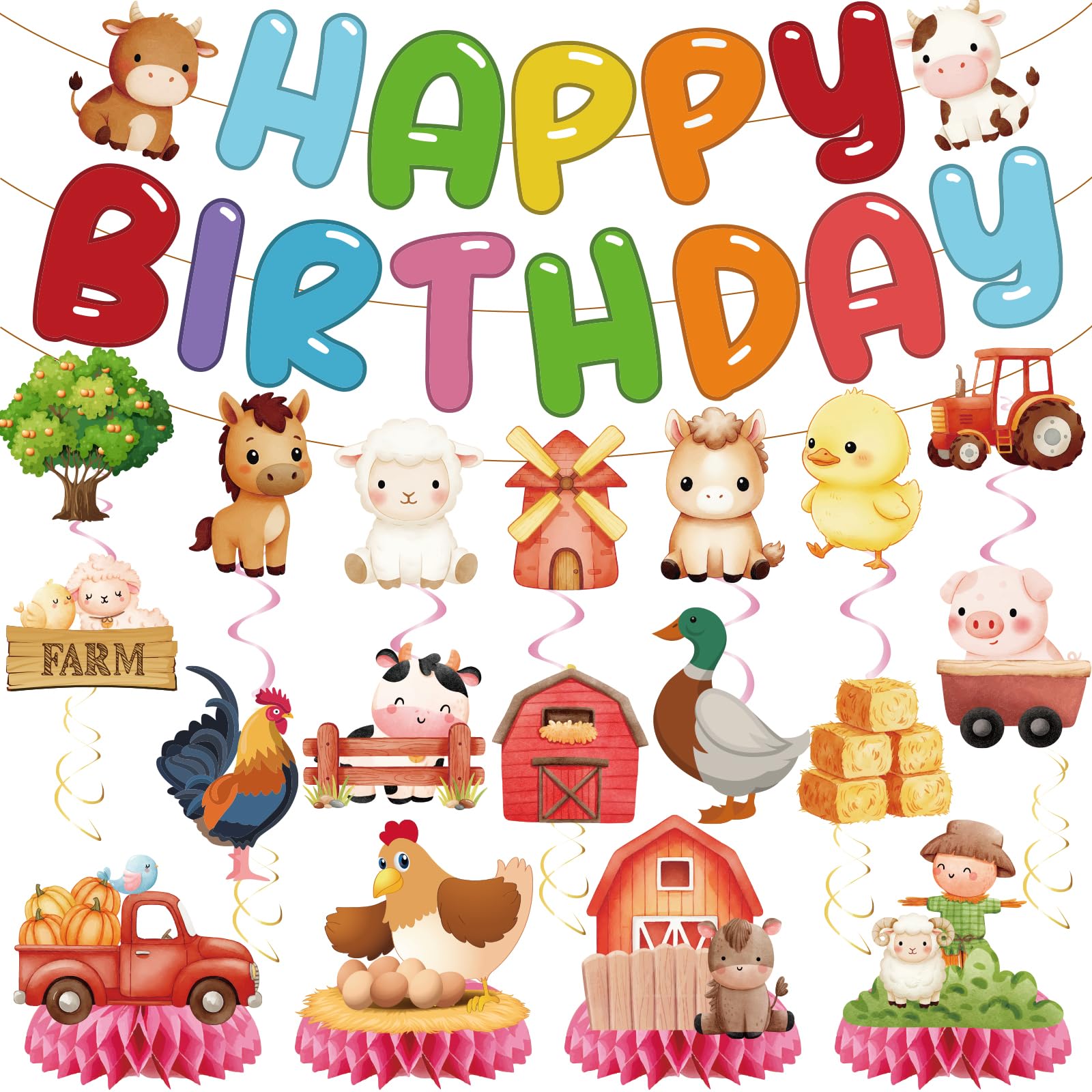Farm Happy Birthday Party Banner - Farm Animal Party Decorations for Kids