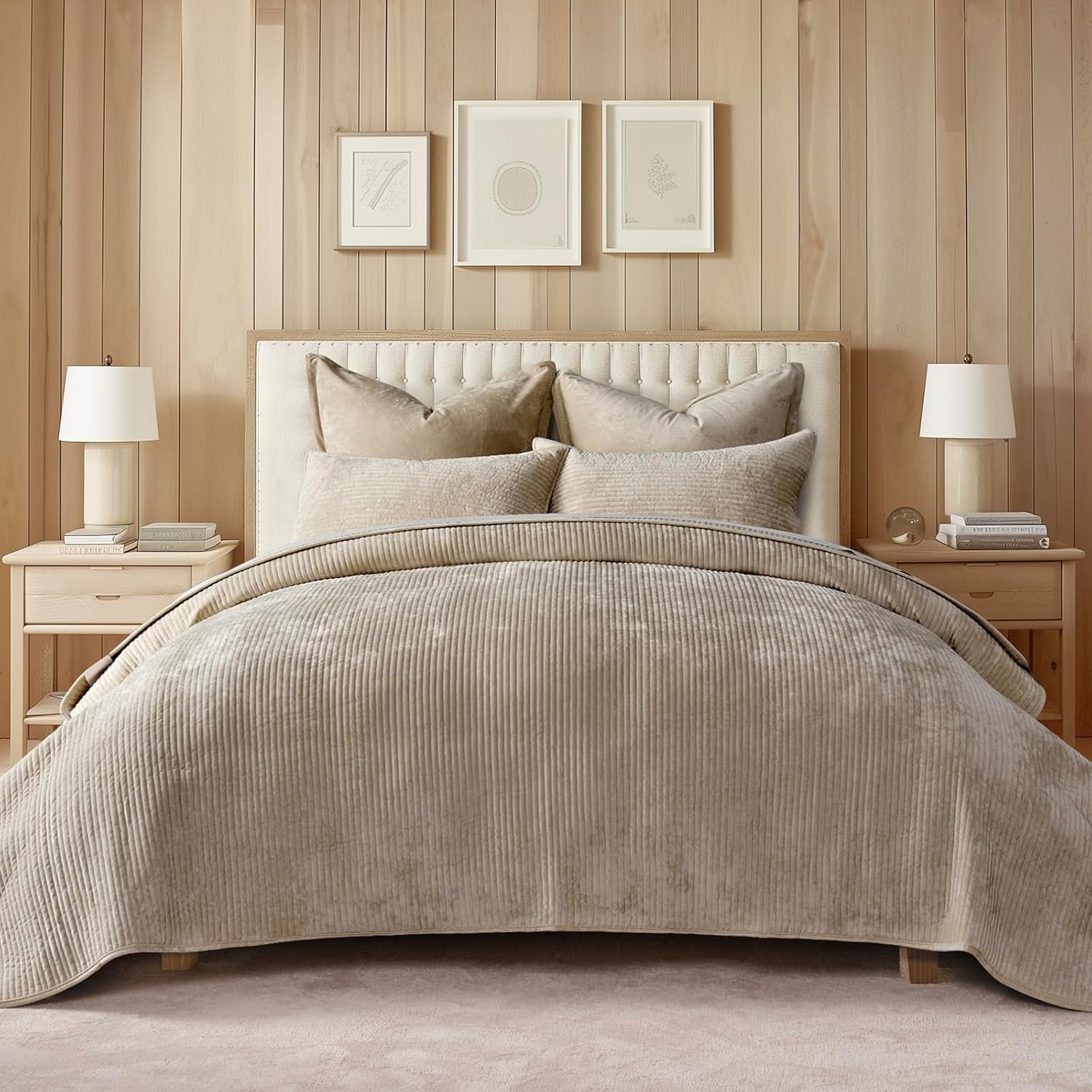 EVERGRACE Velvet Quilt Set Queen Size, Luxurious Soft Quilted Bedding Sets, Lightweight Velvet Comforter for All Season, Striped Channel Bedspread Coverlet with 2 Shams, Urban Taupe - Image 6