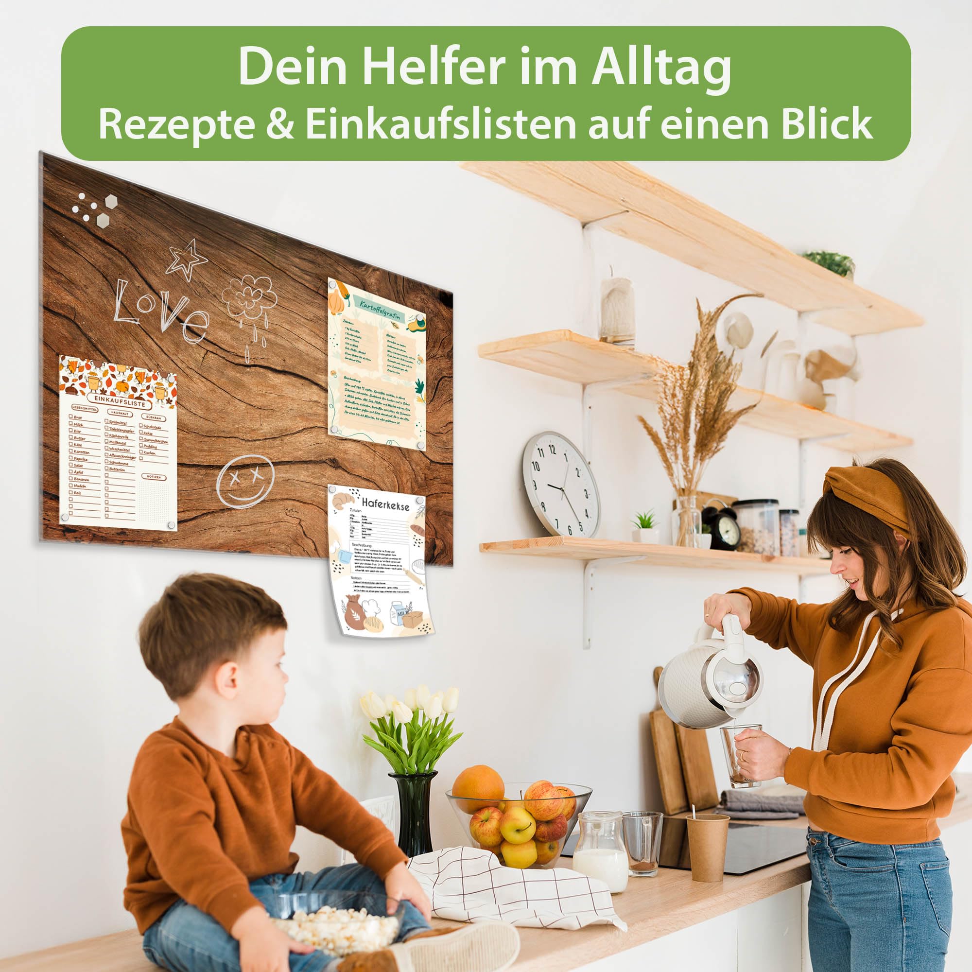 banjado Glas-Magnettafel in 60x40cm für Notizen in Holzoptik