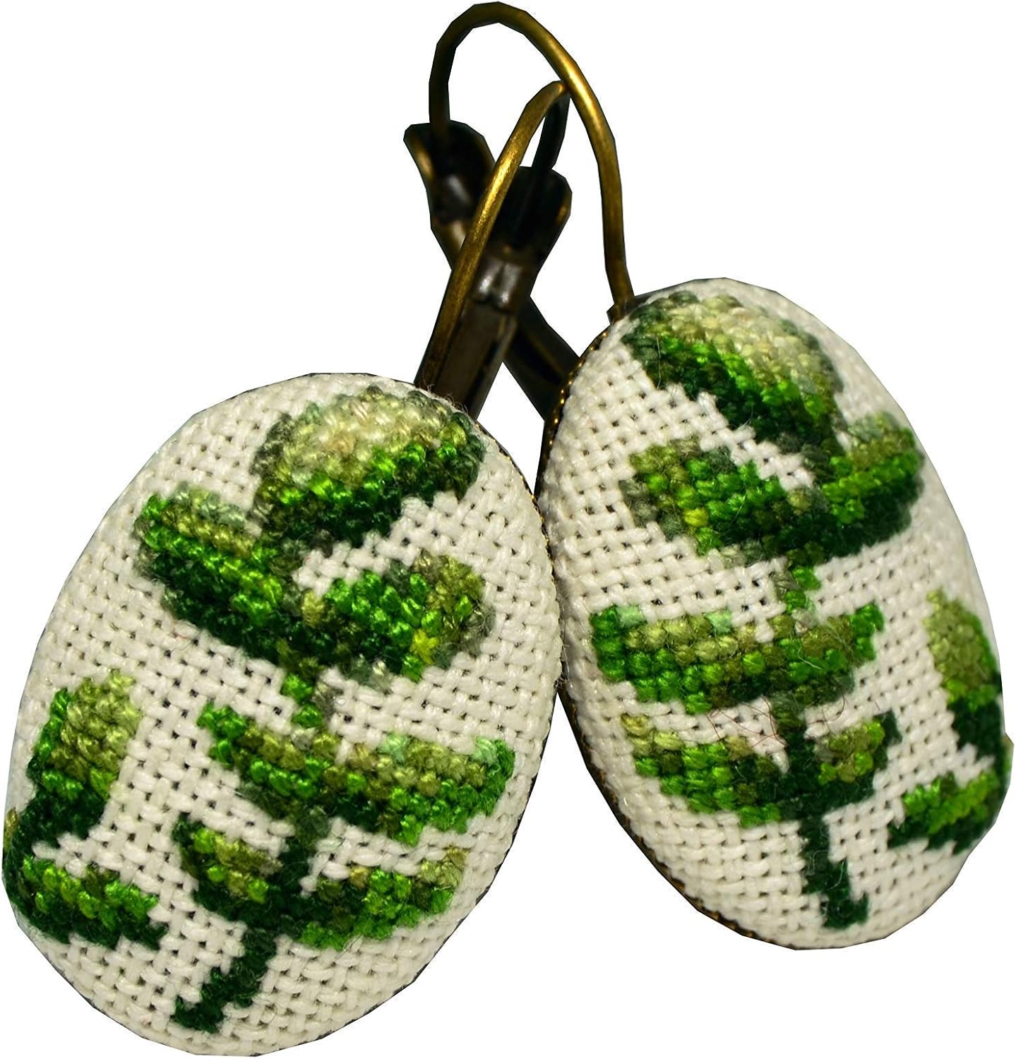 Handmade Embroidered Earrings with Green Branch