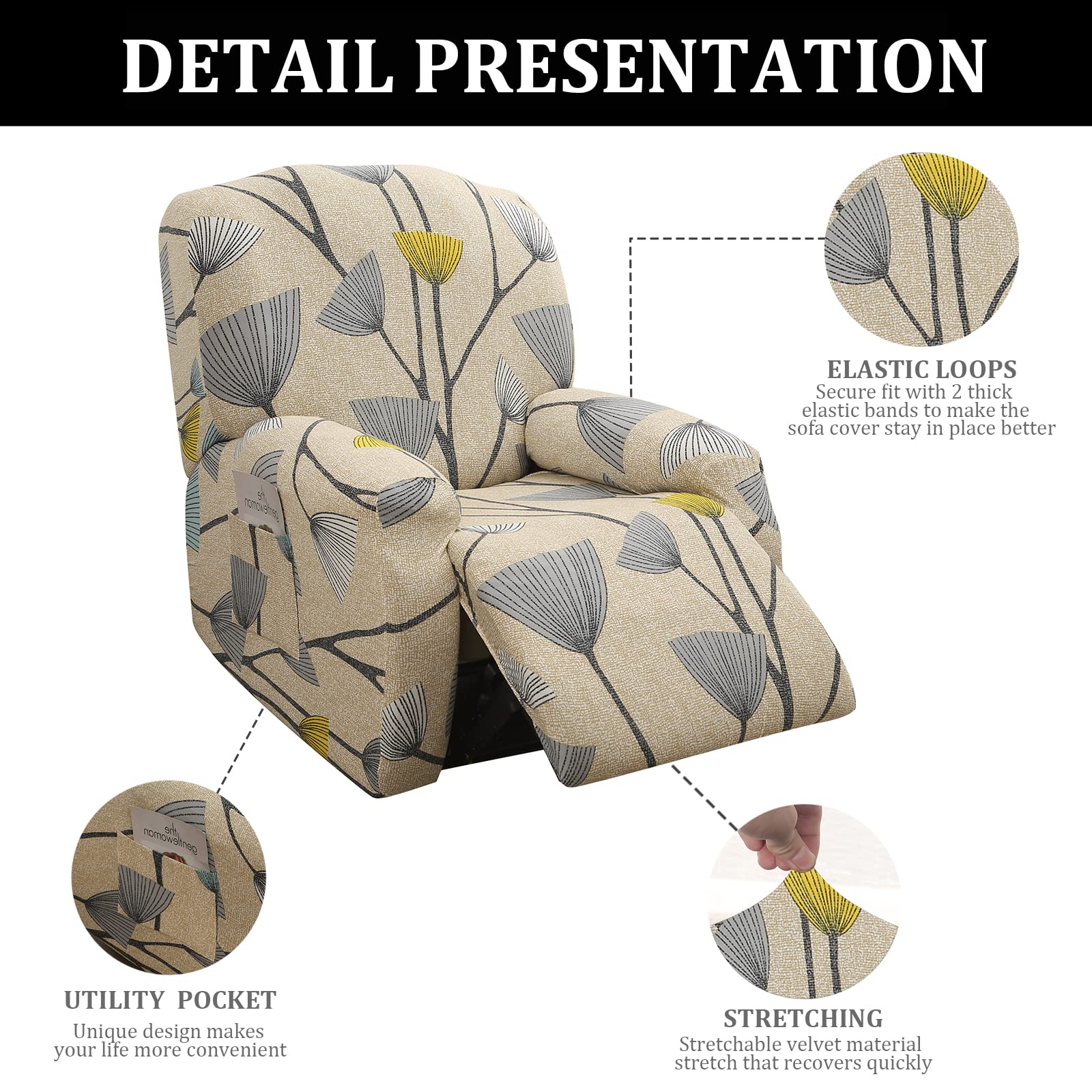 Jaotto Copripoltrona Relax Reclinabile, Fodere 1 Posto Universale, Moderne, con Tasche Lavabile, Coperture per Divano da Massaggio, Foglie Beige