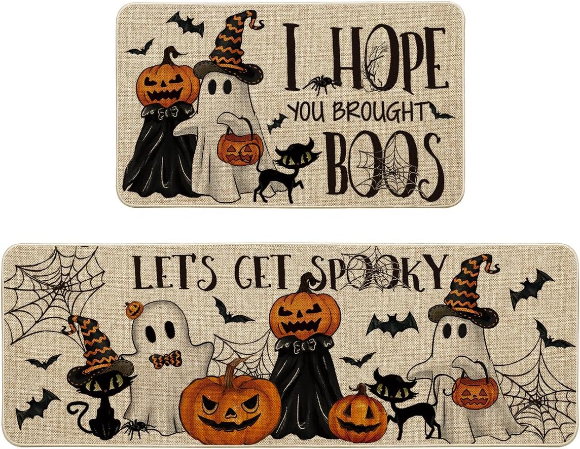 Artoid Mode I Hope You Brought Boos Spider Web Pumpkin Halloween Kitchen Mats Set of 2, Black Cat Home Decor Low-Profile Kitchen Rugs for Floor - 17x29 and 17x47 Inch