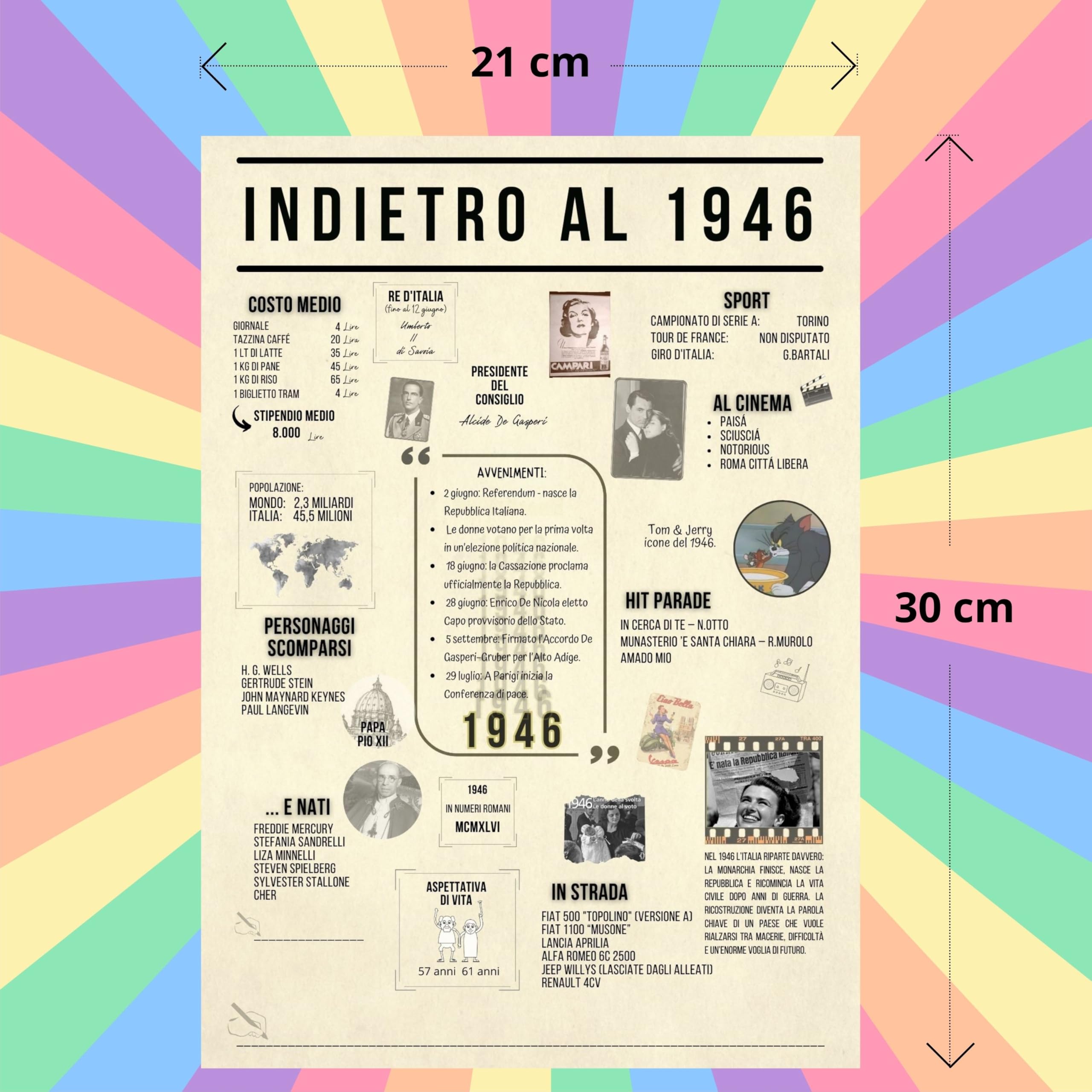 Poster 1946 anno di nascita regalo compleanno originale uomo donna maxi formato A4 da incorniciare con busta Made in Italy