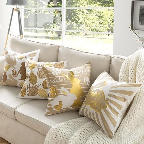 Ashler - Juego de 4 fundas de almohada de Pascua de 18 x 18 pulgadas decoraciones de conejo para primavera fundas de almohada doradas para Oro -