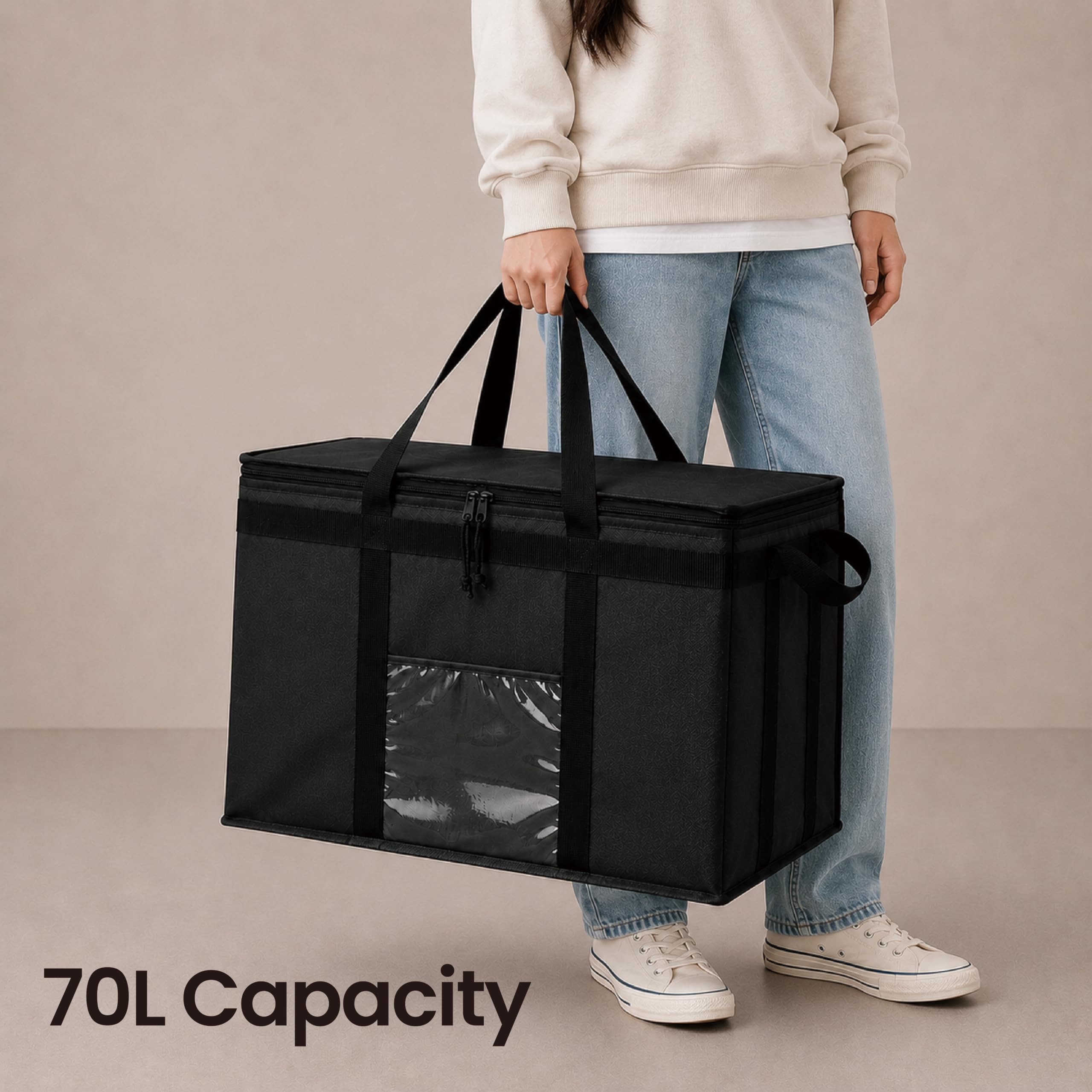 NZ Home 3XL Isolierte Kühltasche und Speisenwärmer für Lebensmittellieferung und Lebensmitteleinkauf mit Reißverschluss, Schwarz, 1 Stück