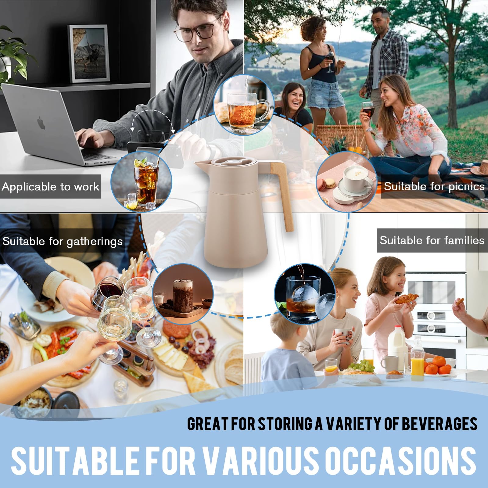 Thermoskanne Kaffeekannen Edelstahl 18/10, Vakuum Isolations, Grosse Kapazität, Mit Holzgriff, Thermosflasche Für Heißen Und Kalten Tee Kaffee, Isolierkanne, Für Home Office Hotel (Khaki,1.5L)
