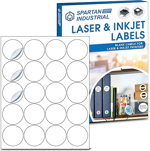 Spartan Industrial Etiqueta láser circular imprimible, redonda de 2 pulgadas, color blanco, 250 hojas, 5000 etiquetas en total, etiqueta multiusos