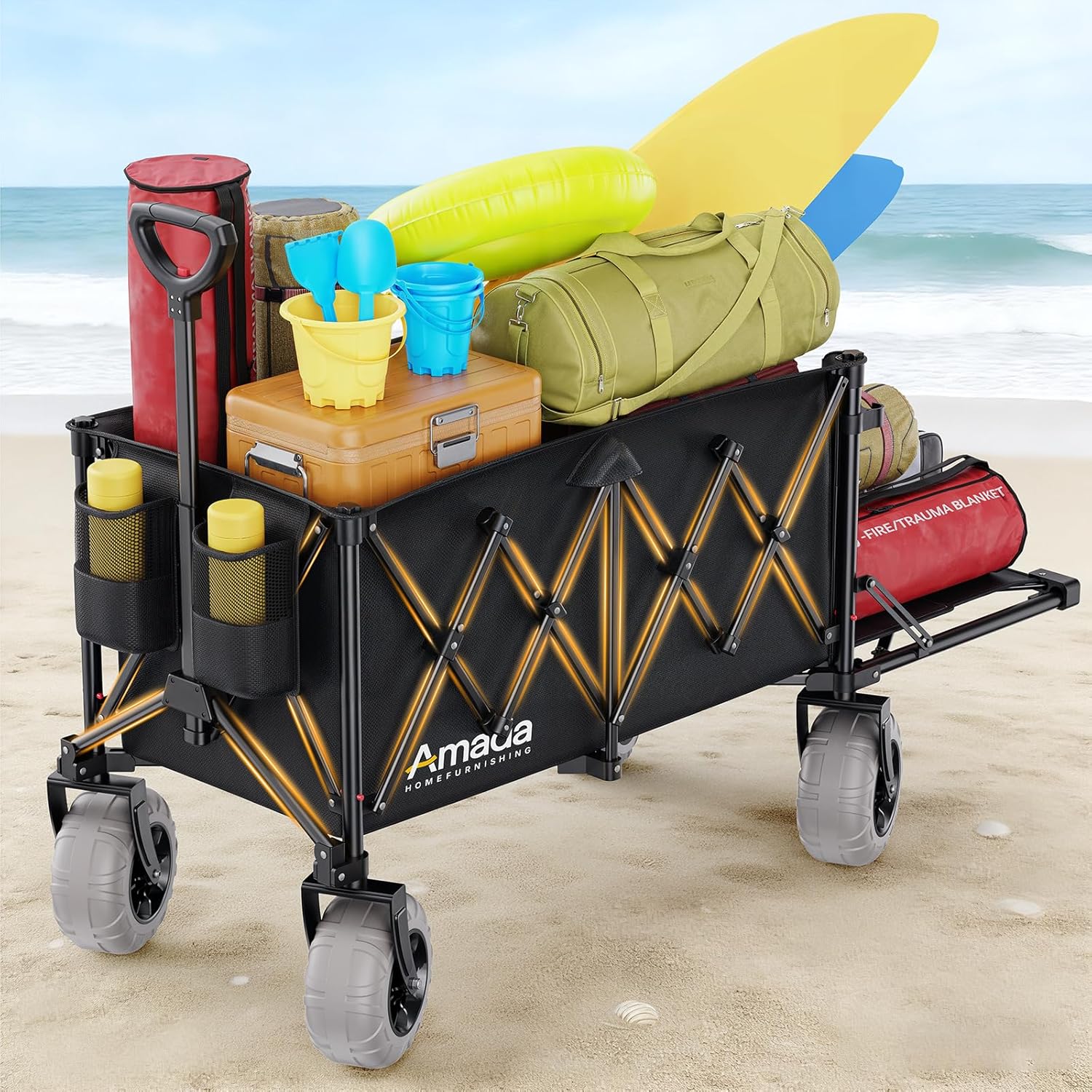 Beach Wagon with Big Wheels for Sand, 260L Capacity, Heavy Duty All-Terrain Folding Wagon with Expandable Rear, Durable Carbon Steel Frame & Big 8.3" Wheels for Beach, Outdoor & Camping Activities