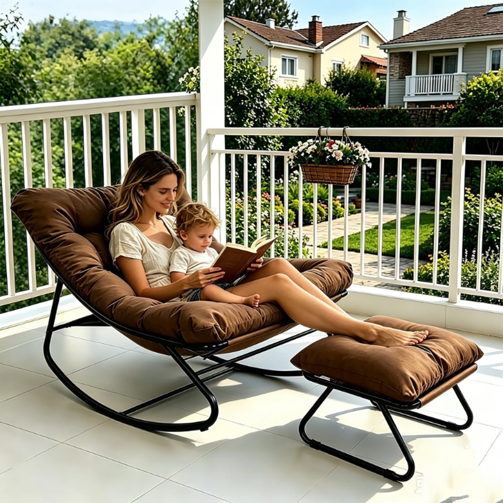 Sedia a dondolo con sgabello, sedia a dondolo, sedia a dondolo, per soggiorno, sedia da lettura con imbottitura, per esterni, fino a 150 kg, per balcone, giardino (marrone-1, 100 x 77 x 70 cm)