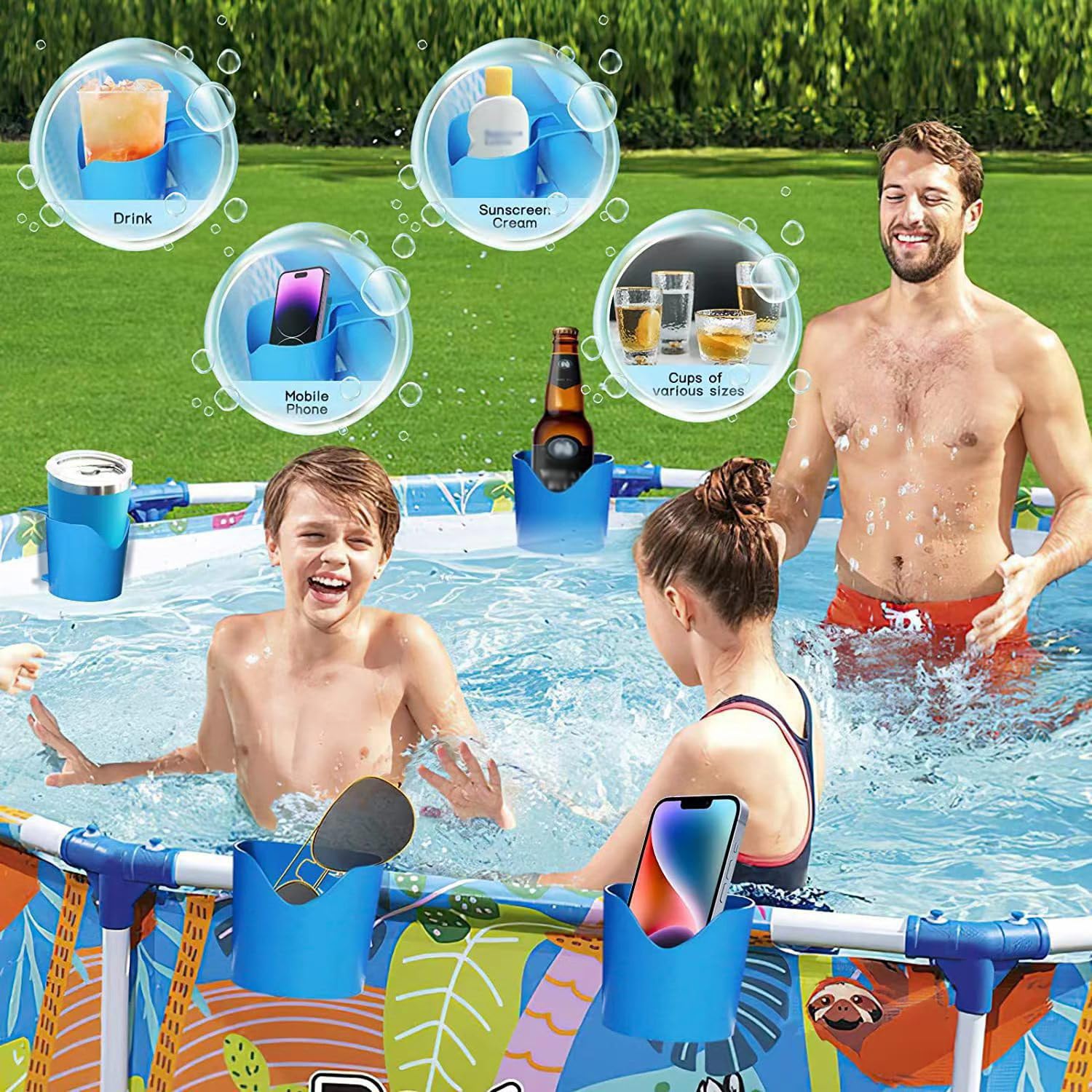 4 Pezzi Portabevande per Piscina, Portabevande Multifunzione da Piscina, Portabevande per Piscina, Portabicchieri a Bordo Piscina, Porta Bibite per Piscina per la maggior parte delle piscine (blu)