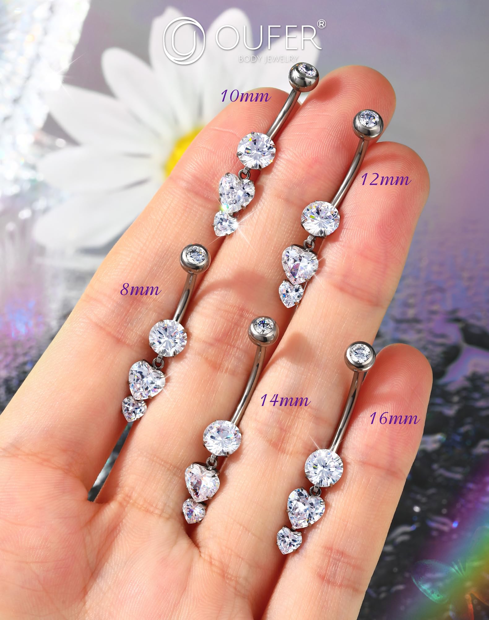 OUFER Piercing para ombligo de acero inoxidable 316L con rosca interior de 14 g, joyería para ombligo, joyería para mujer, 8/10/12/14/16 mm
