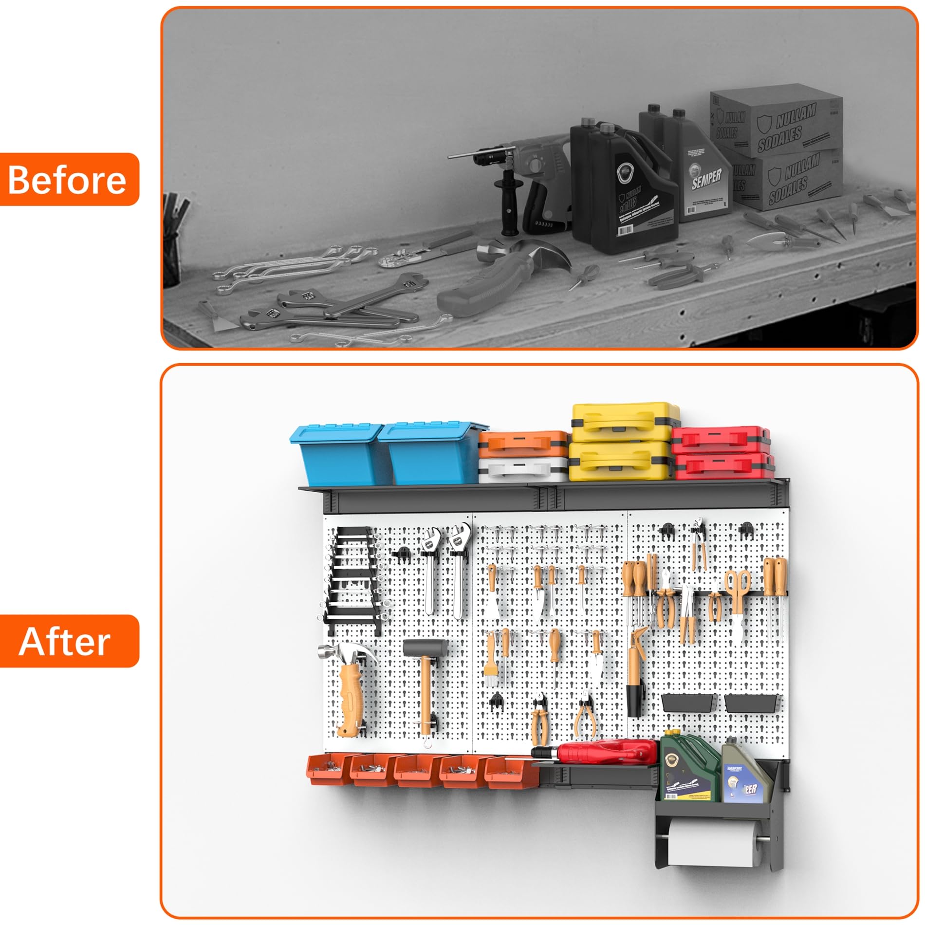 TORACK Organizer ścienny z tablicą Pegboard, 1,2 m, garaż, metalowy zestaw do przechowywania narzędzi z haczykami na tablicę narzędziową, pojemniki montowane na ścianie, uchwyt na ręczniki papierowe,