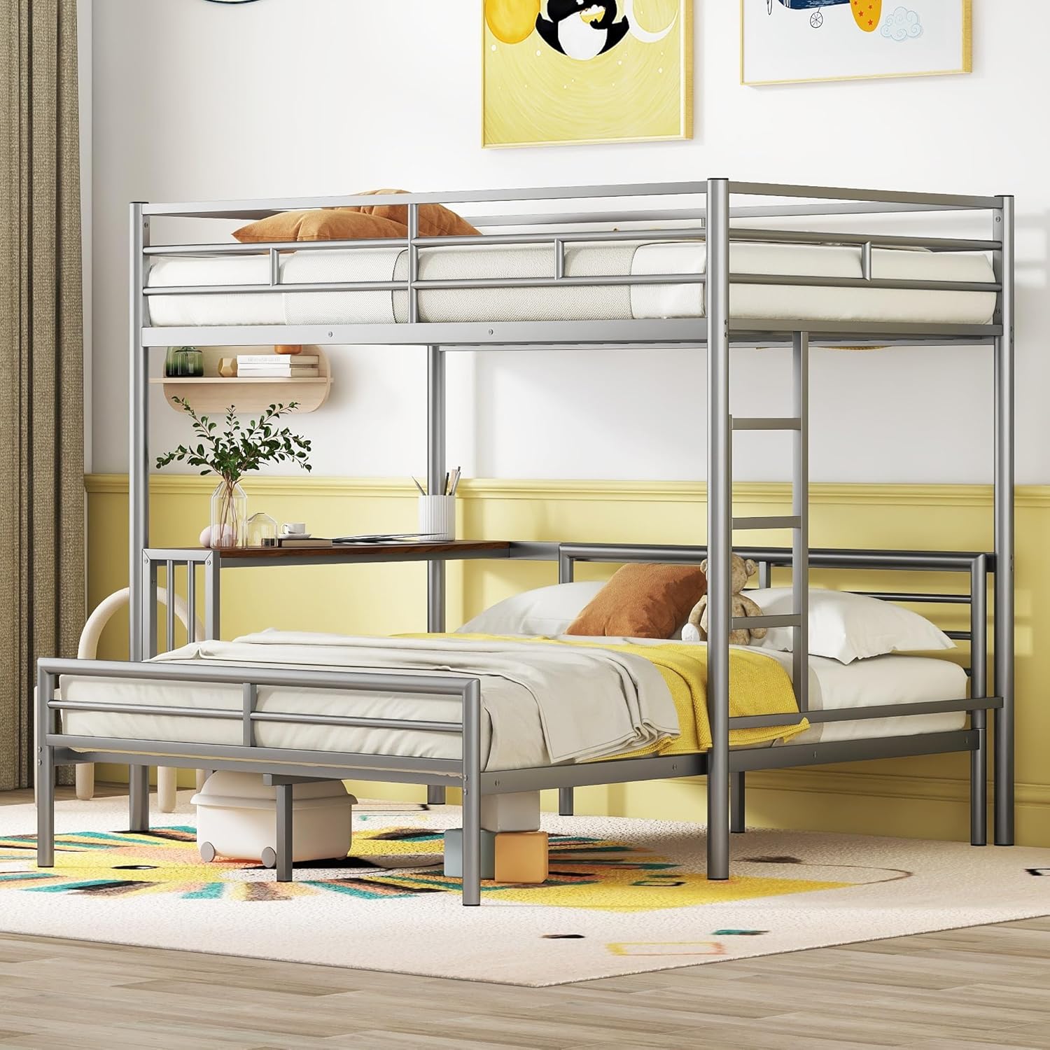 Metal Twin Over Full Bunk Bed Frame with Desk, Loft Platform Mattress Foundation with Steel Slat Support Storage Space Silver Twin over Full(incomplete only 1 bag 2 of 2)