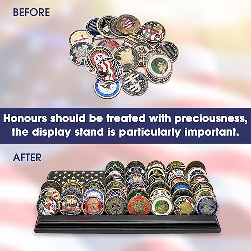 Miniatura 10 de LIUYALO Exhibición de monedas de desafío de 6 filas con bandera de Estados Unidos, soporte para monedas de desafío hecho de 100% madera maciza