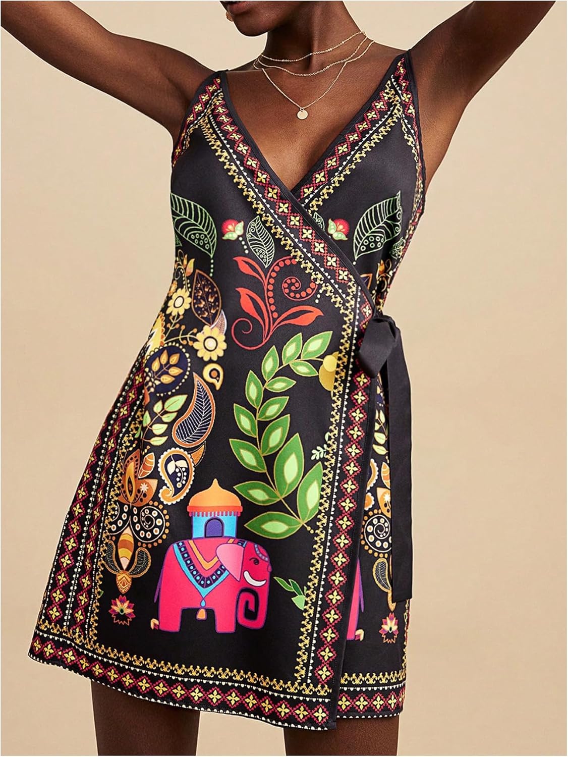 Women's Tropical Print Cami Dress Sleeveless Wrap V Neck Tie Knot Boho Short Dresses - Image 5