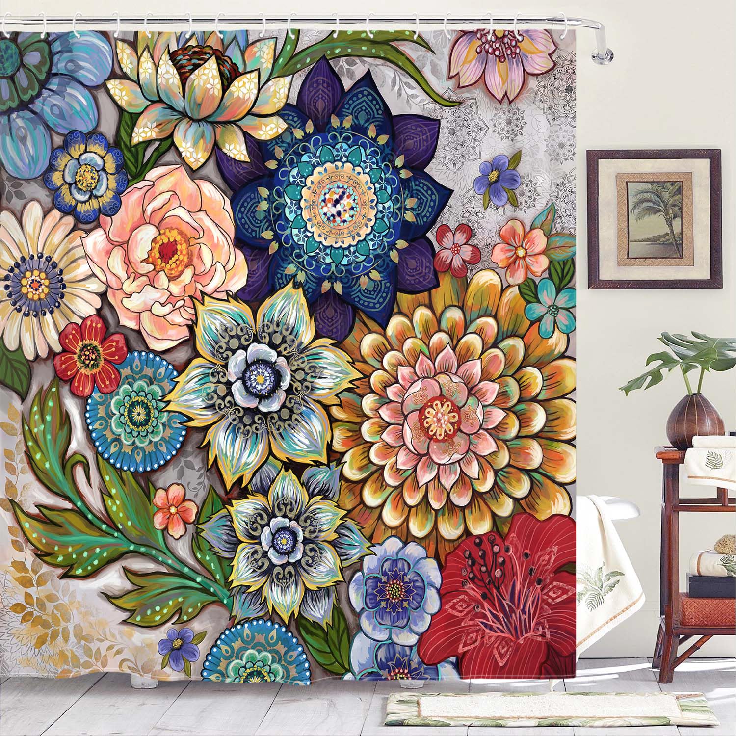 Neasow Boho Floral Shower Curtains for Bathroom, Bright Fabric Blossom Shower Curtain with 12 Hooks, Multi Color 72"×72"