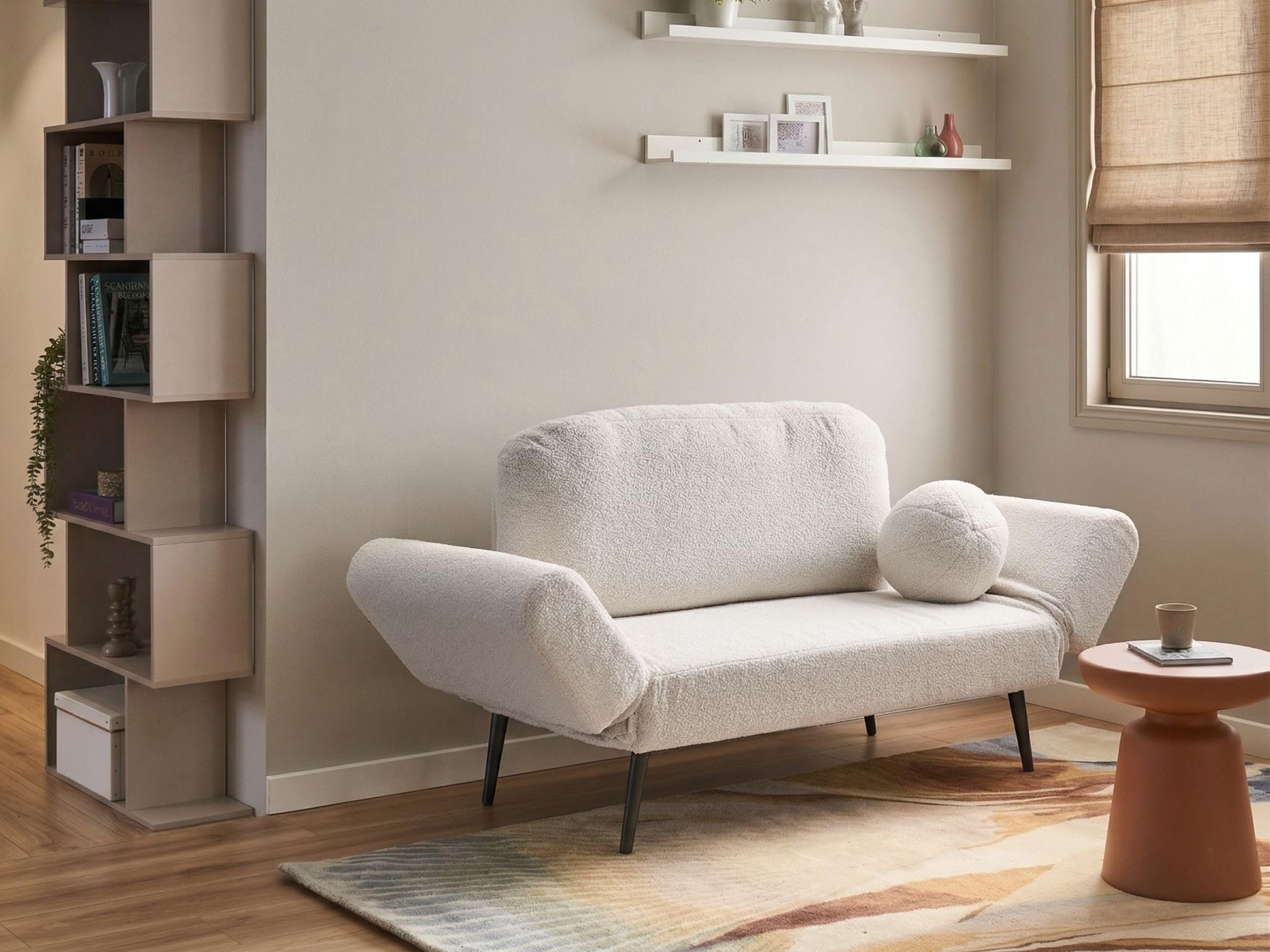 Sofa rozkładana z funkcją spania okrągła poducha tapicerowana boucle żelazne nogi salon sypialnia złamana biel Dorotea