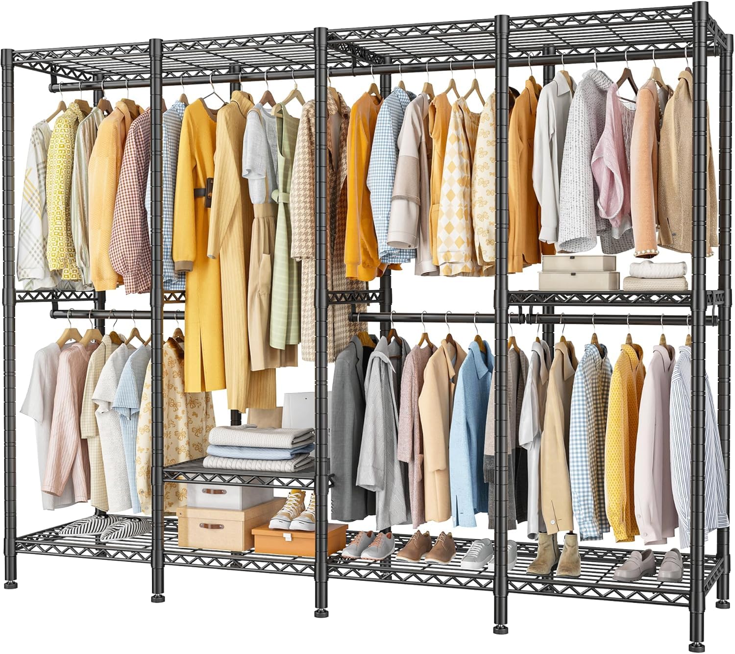 REIBII 500kg Heavy-Duty Clothes Rail with Adjustable Shelves and Hanging Rails, 195Hx93Wx45Dcm Space-Saving Open Wardrobe, Two-Modes Wider Clothes Rail Suitable for Bedroom, Dormitory, Corner, Closet