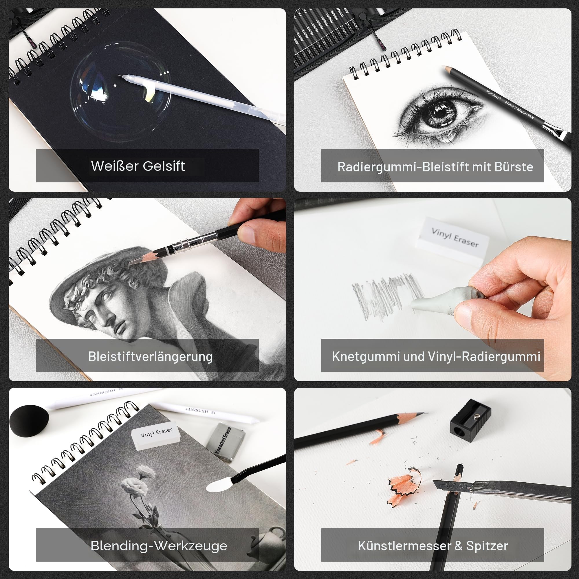 HIFORNY 100-teiliges Zeichen- und Skizzierset, professionelles Kunstzubehör mit Graphit, Anthrazit, Buntstiften, Aquarellstiften, Mischwerkzeugen, Skizzenbuch und Malbuch in Reißverschlusstasche