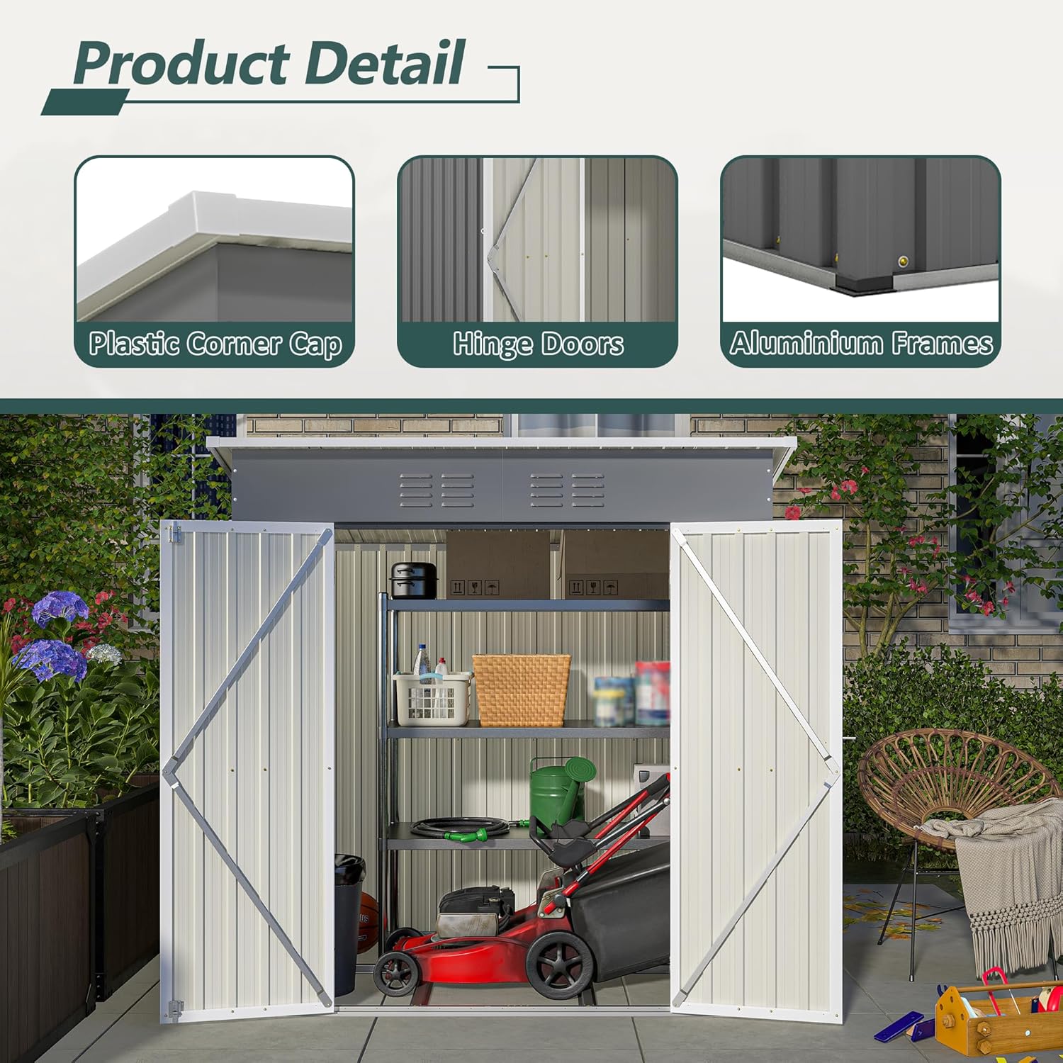 6x4 FT Outdoor Storage Shed, All-Weather Metal Shed with Aluminum Frame, Lockable Door, Floor Frame & Air Vents for Garden Backyard Patio Lawn, Tool & Equipment Storage, Garbage Collection Room, Grey