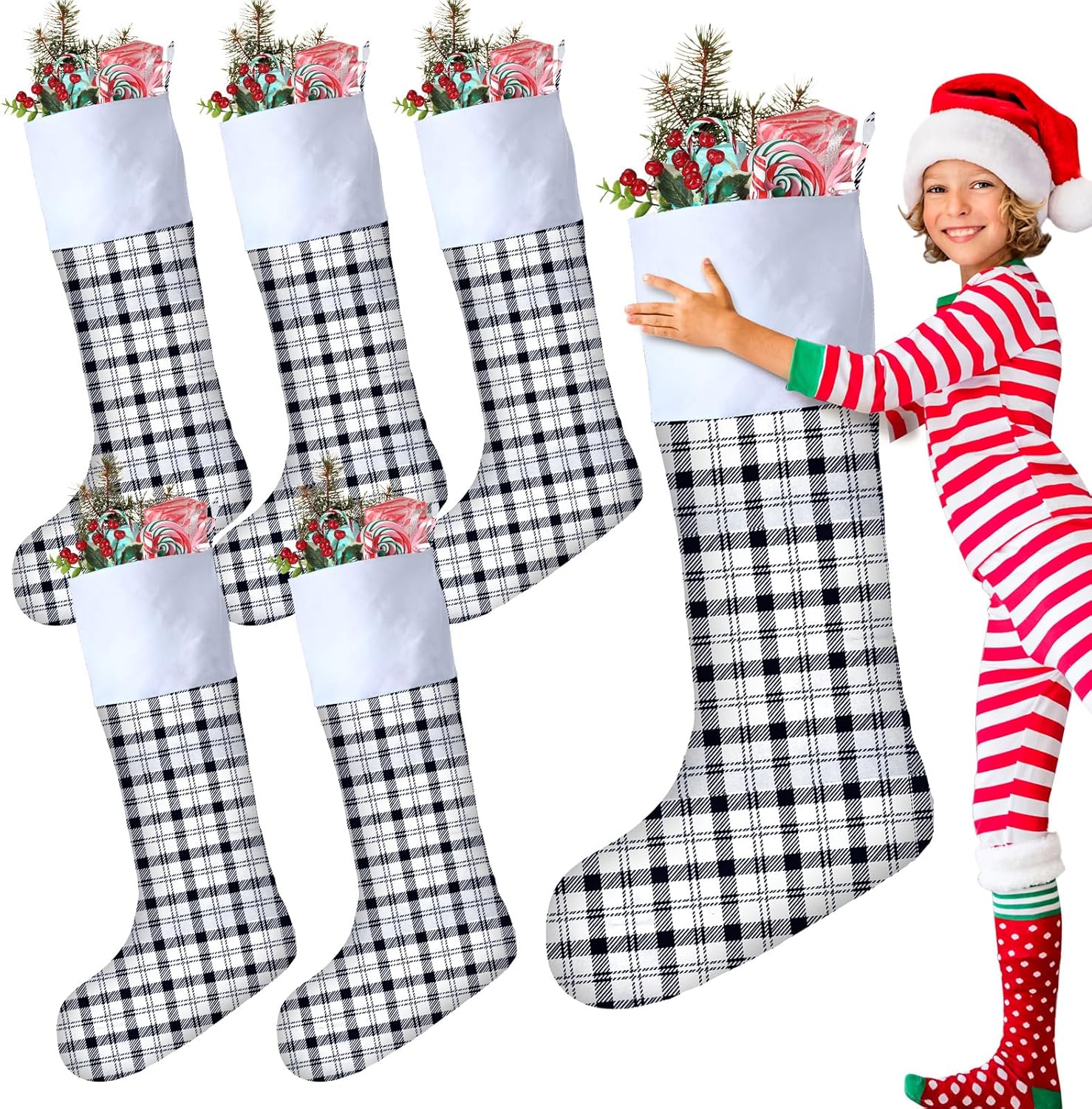 5 pcs giant christmas stocking felt jumbo christmas stockings xmas 43 inch extra large stockings christmas stockings bulk christmas tree hanging ornaments for decoration (black, white,plaid style)
