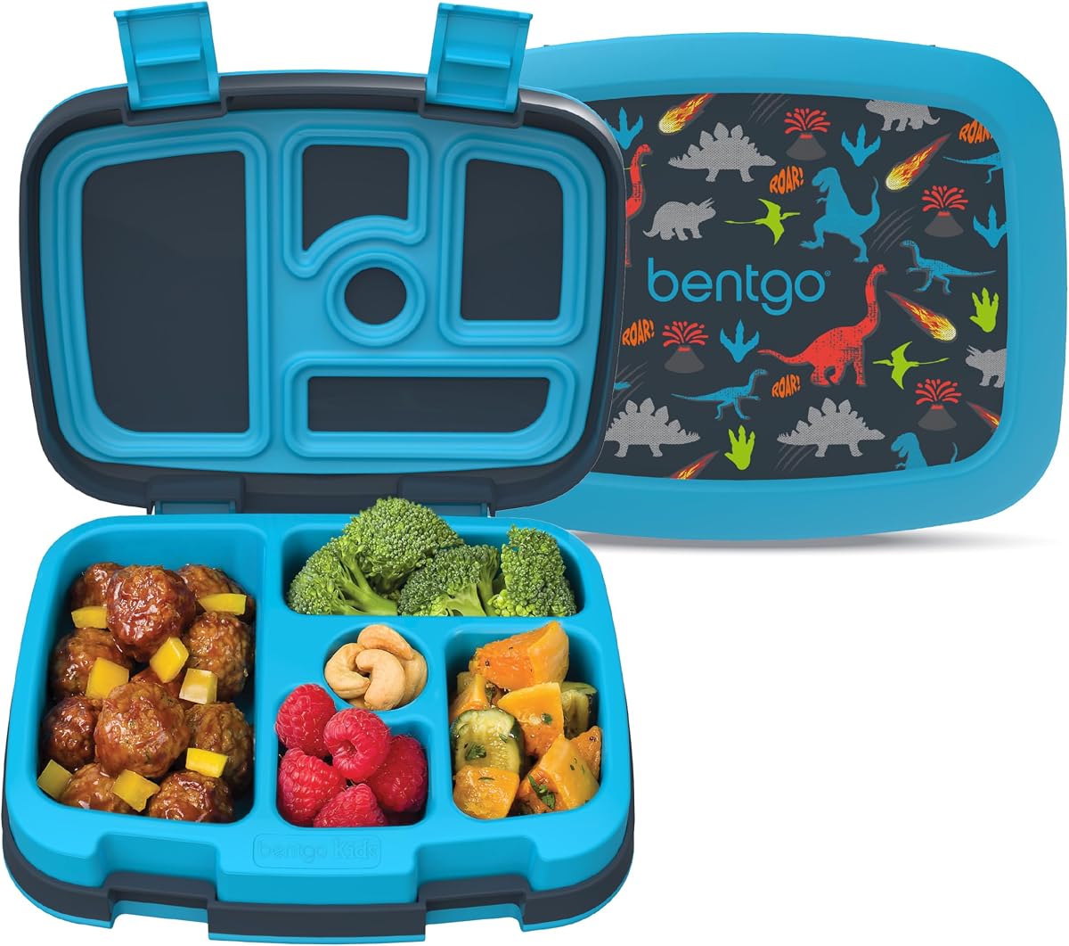Kids Prints Fiambrera para niños estilo Bento de 5 compartimentos a prueba de fugas | Tamaños de porciones ideales para edades de 3 a 7 años, duraderos, a prueba de caídas, aptos para lavavajillas, materiales libres de PFAS y BPA (dinosaurio)