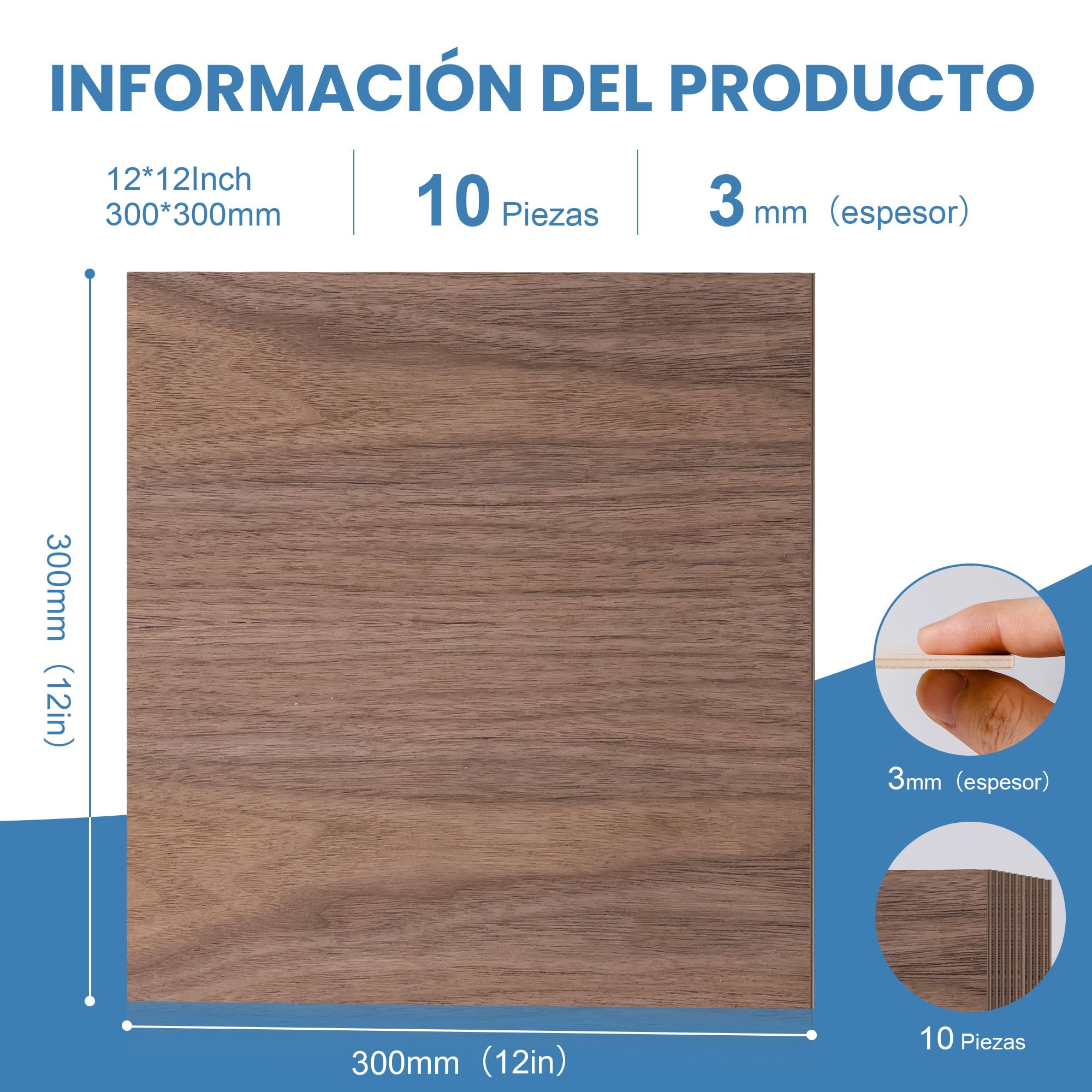 ROBOTIME Hojas de madera contrachapada sin terminar, 10 piezas de 300 x 300 x 3 mm, tablero de madera de nogal para manualidades, pintura, arte de pirografía, decoración del hogar, bricolaje y