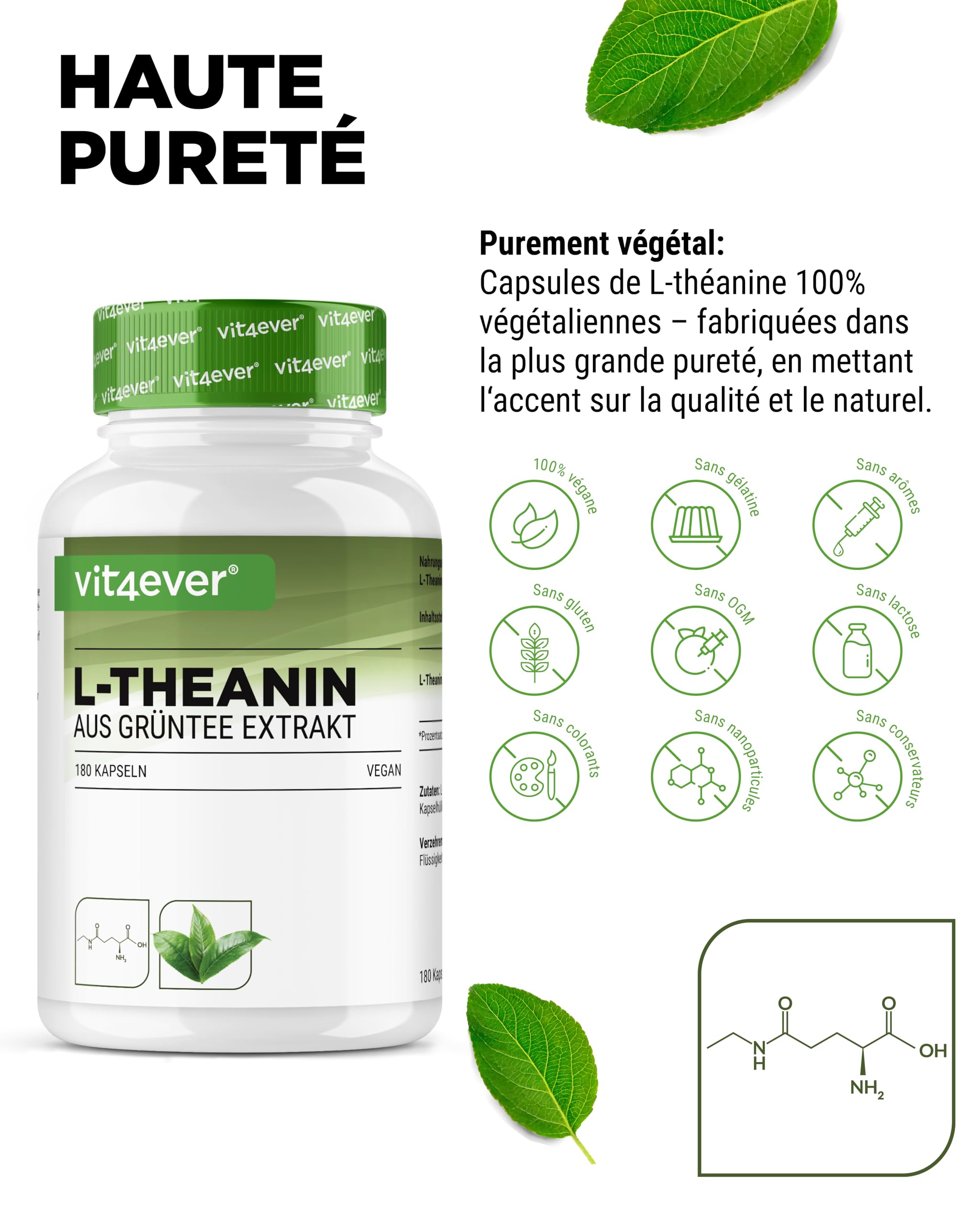 L-Théanine - 180 Gélules - 750 mg par Portion Journalière - à partir d'Extrait Naturel de Thé Vert - Hautement Dosé - Végétalien