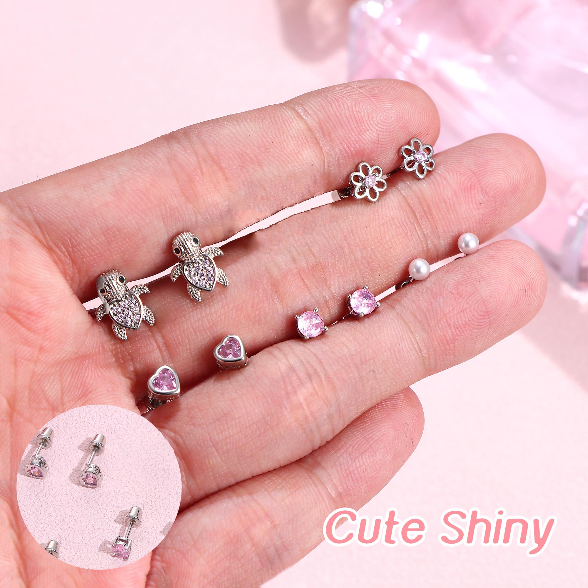 MILACOLATO 6Paires Boucles d'Oreilles Enfant Fille Femme Acier Inoxydable, Hypoallergéniques CZ Cartilage Clou Oreille Lot, Rose Zirconium Boule Coeur Fleur Vissé Dos Tragus Boucle d'Oreille Bijoux