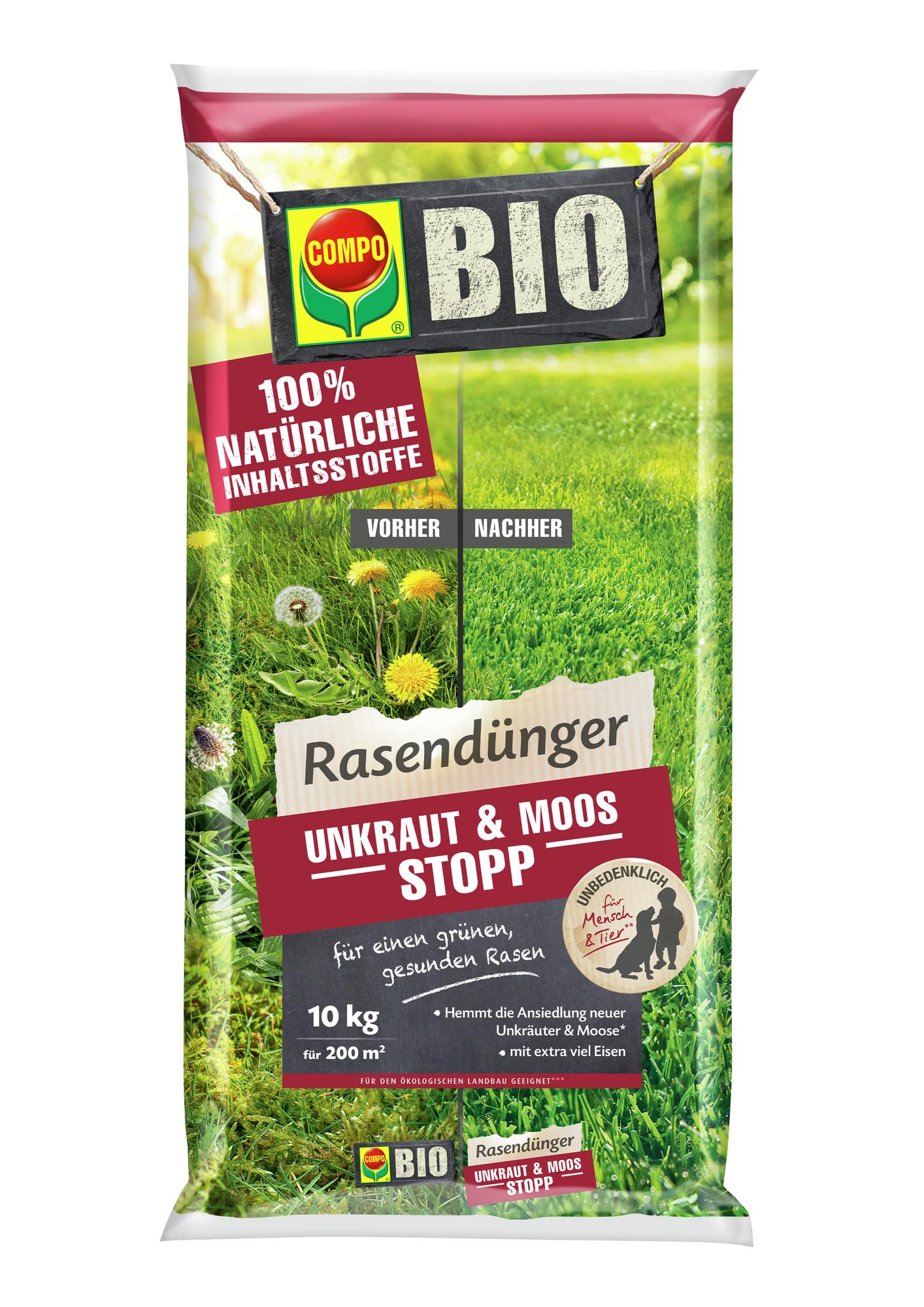 COMPO BIO Rasendünger Unkraut & Moos Stopp - verhindert Ansiedlung von Moos und Unkräutern - 100% natürliche Inhaltsstoffe - 10 kg für 200m²