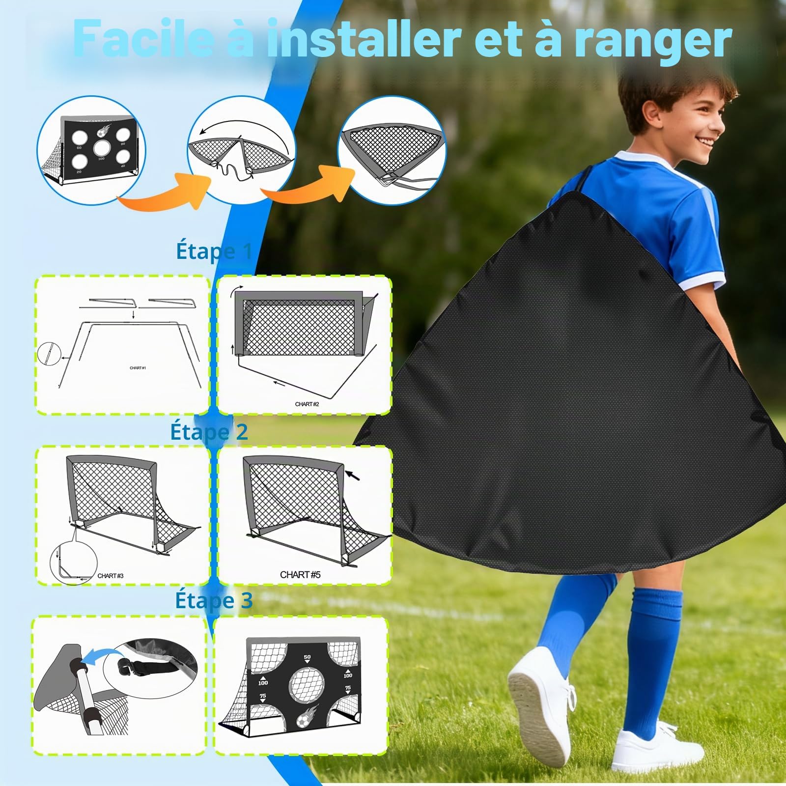 NZQXJXZ But de Football 3-en-1 pour Enfants, Filet de Football 150 x 120 cm, poteaux de But pour Jardin avec 2 Tissus interchangeables et Un Ballon, Sac de Transport, Montage Facile et Pliable adapté