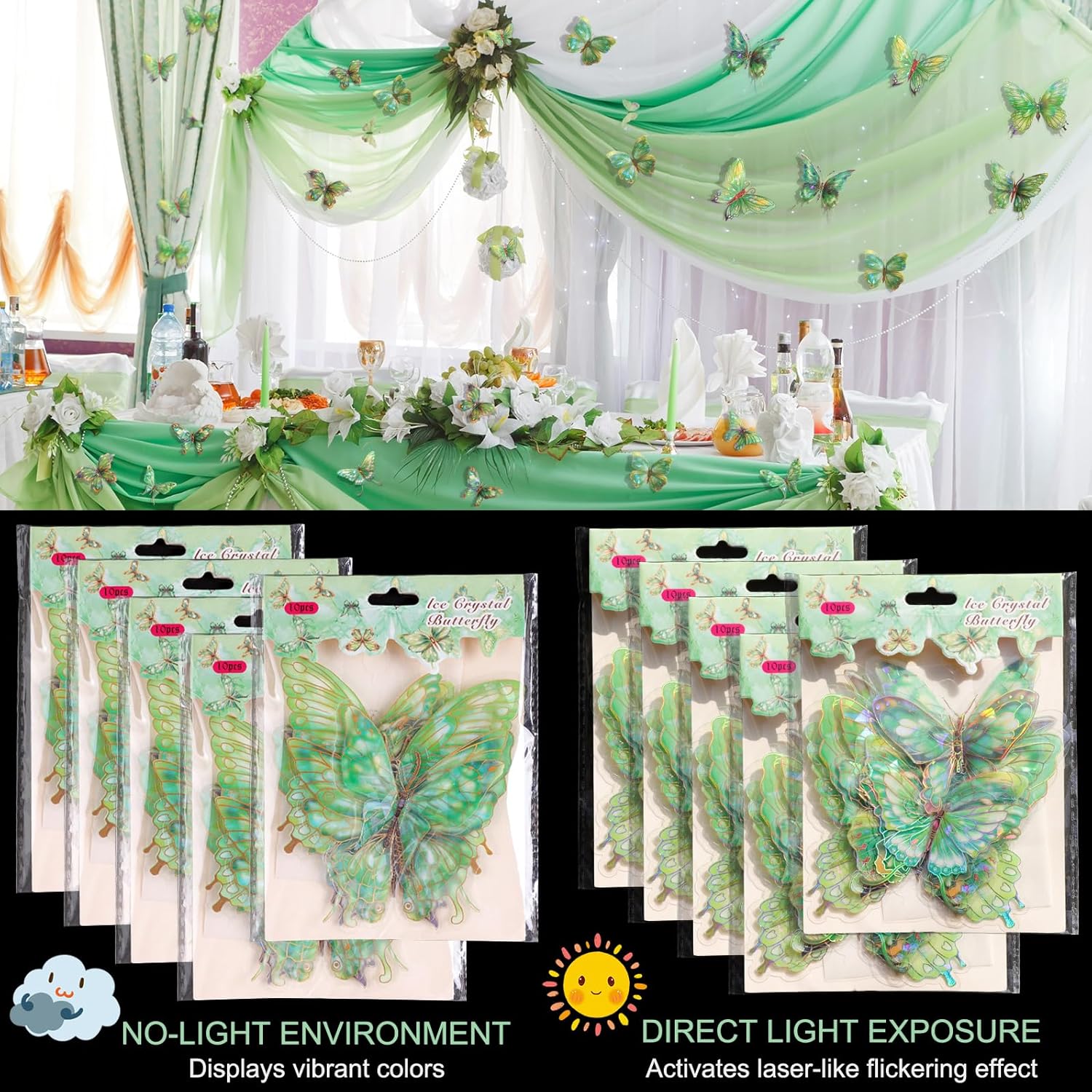 3D Butterfly Wall Decor - 50PCS Removable PVC Butterflies Wall Stickers- Multi-Size (2.8"-3.9")- DIY Removable Wall Art Decal for Kids Room, Nursery, Bedroom, Classroom, Party Decoration (Green)