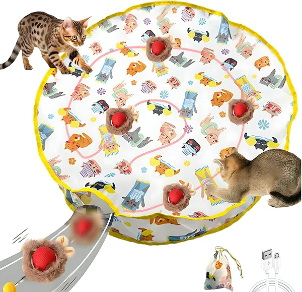 ELESULTRA Interactive Cat Toys, Fast Rolling Ball in Play Mat, Automatic Motion Activate Hide and Seek for Indoor Cats, Mouse Catching Game, Gifts for Cat Birthday