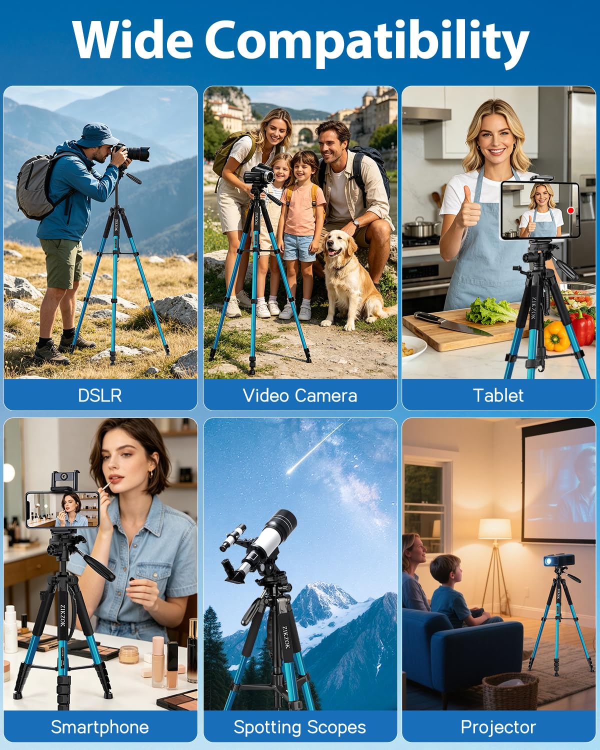 Treppiede da 190,5 cm, telecomando Bluetooth, carico max 6,8 kg, da viaggio, in alluminio per DSLR/telefono/tablet/proiettore, testa panoramica a 3 vie, piastra a sgancio rapido, pieghevole (blu)