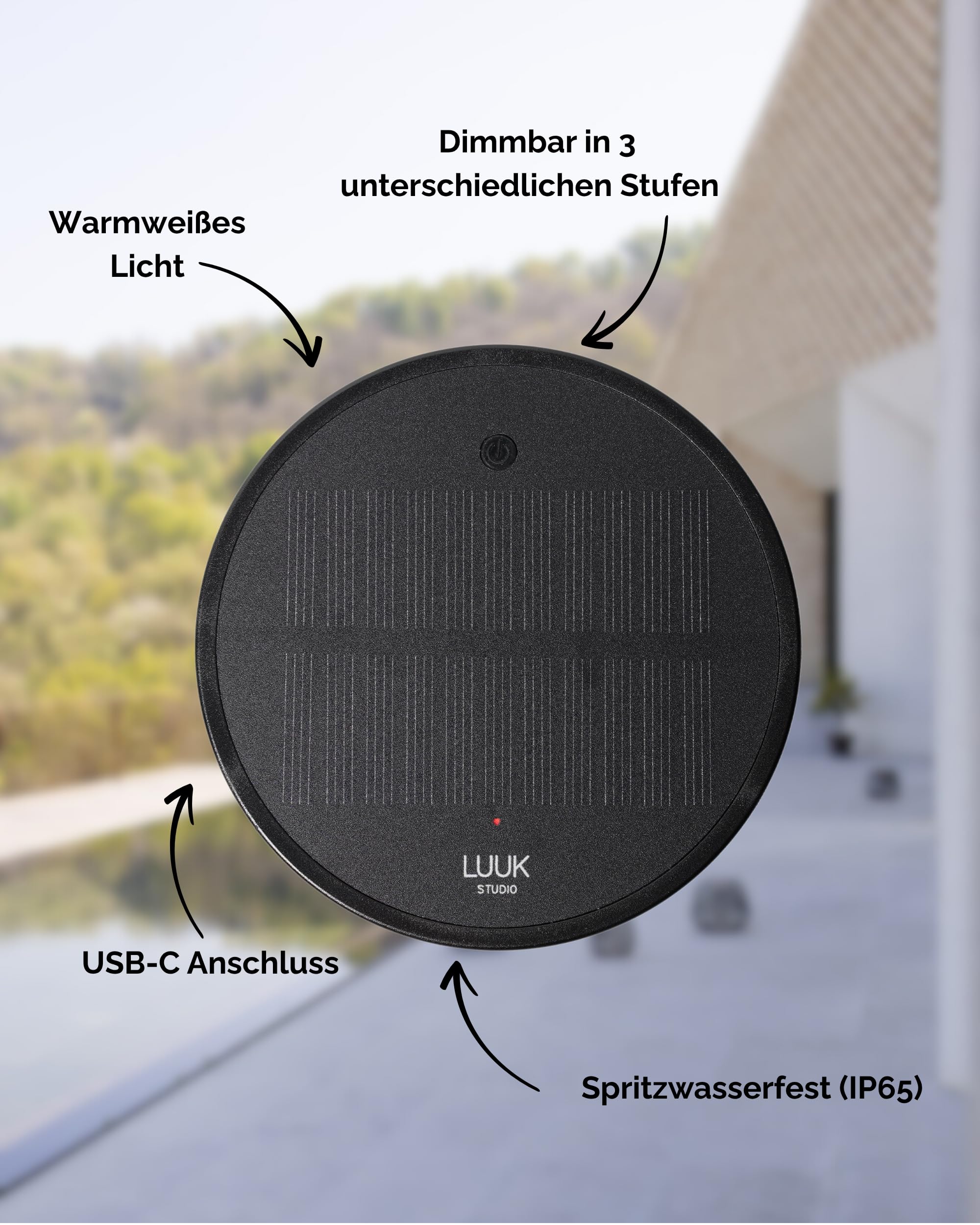 LUUK Studio Outdoor Solarmodul Tischleuchte IP65 kabellos USB-C Solar warmweißes Licht Boho Stil