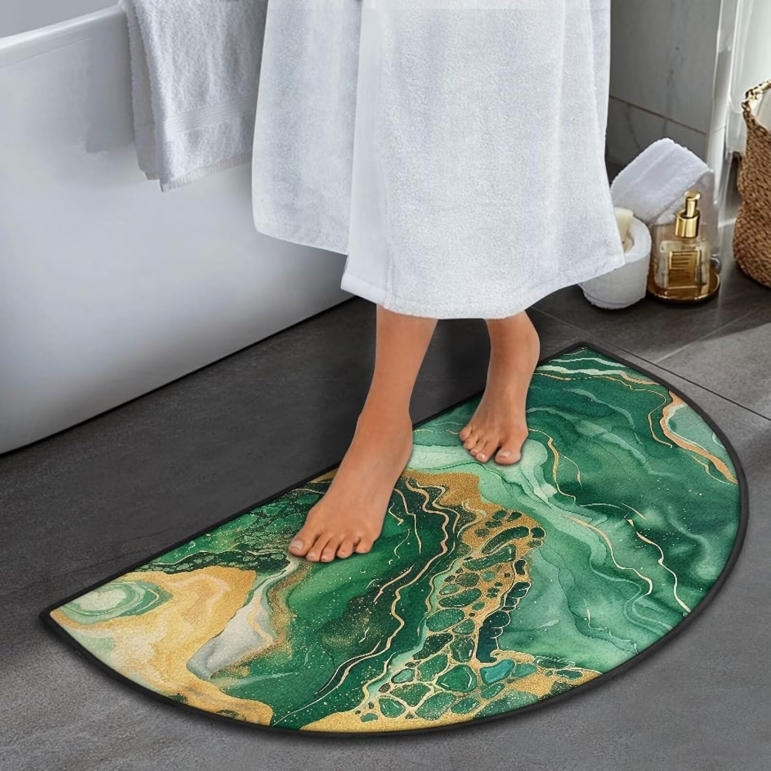 Green Gold Marble Crack Abstract Half Round Door Mat Half Moon Rugs Absorbent Anti-Slip Carpet for Kitchen Bathroom Bedroom Fireplace Home Decor